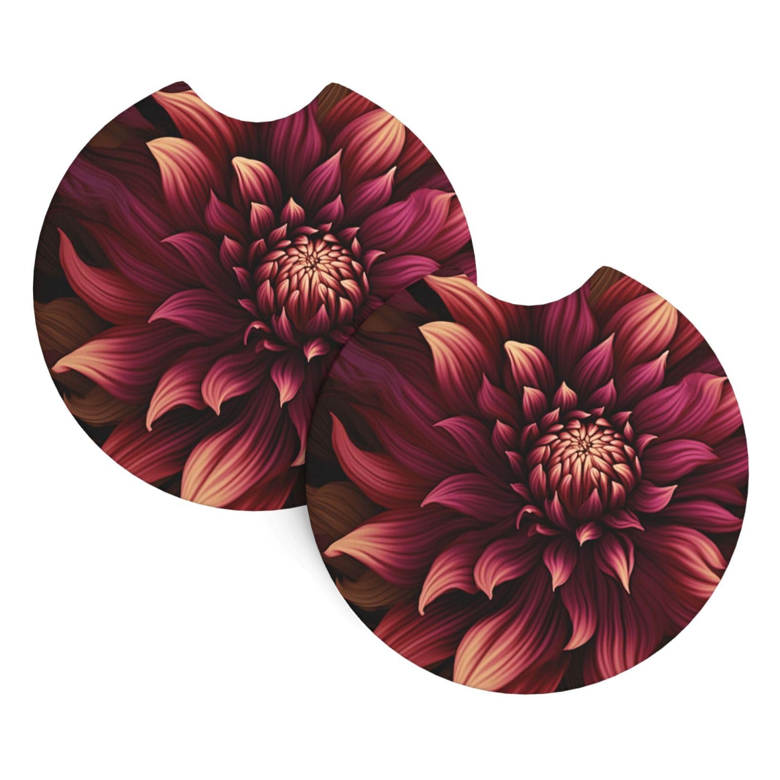 2PCS Car Coaster for Cup Holders Universal Auto Cup Mat Wine Red Artistic Flower Cup Coaster Pad 2.7" Waterproof Neoprene Non-Slip Cup Holder Coasters Car Interior Accessories for Women Men