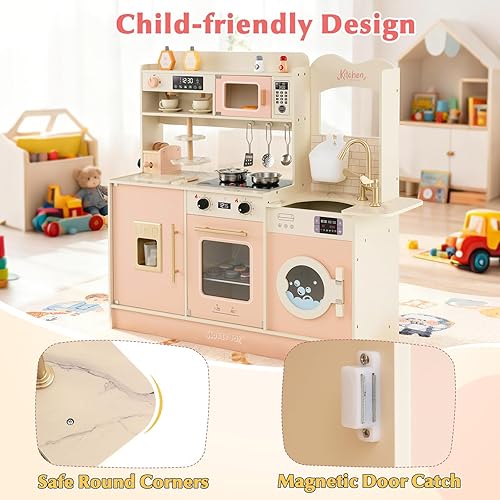 Miniatura 44 de HONEY JOY Juego de cocina para niños, cocina de juego de madera para niños pequeños, máquina de hielo y cafetera, estufa, grifo, microondas, armario