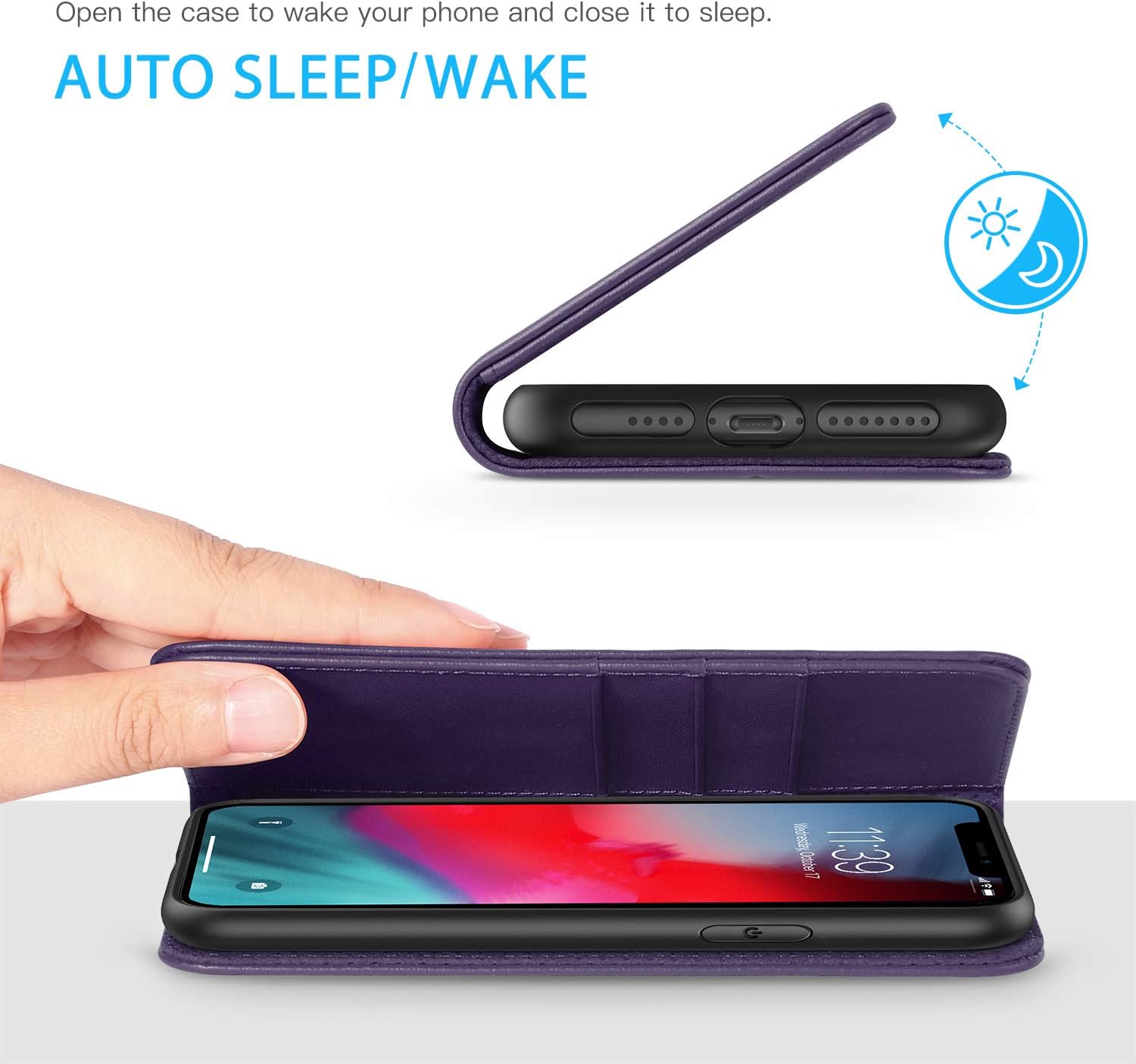 SHIELDON iPhone Xs Max Case, Genuine Leather iPhone Xs Max Magnetic Wallet Case with Auto Sleep Wake Kickstand RFID Card Slots Compatible with iPhone Xs Max (2018 Release) - Purple