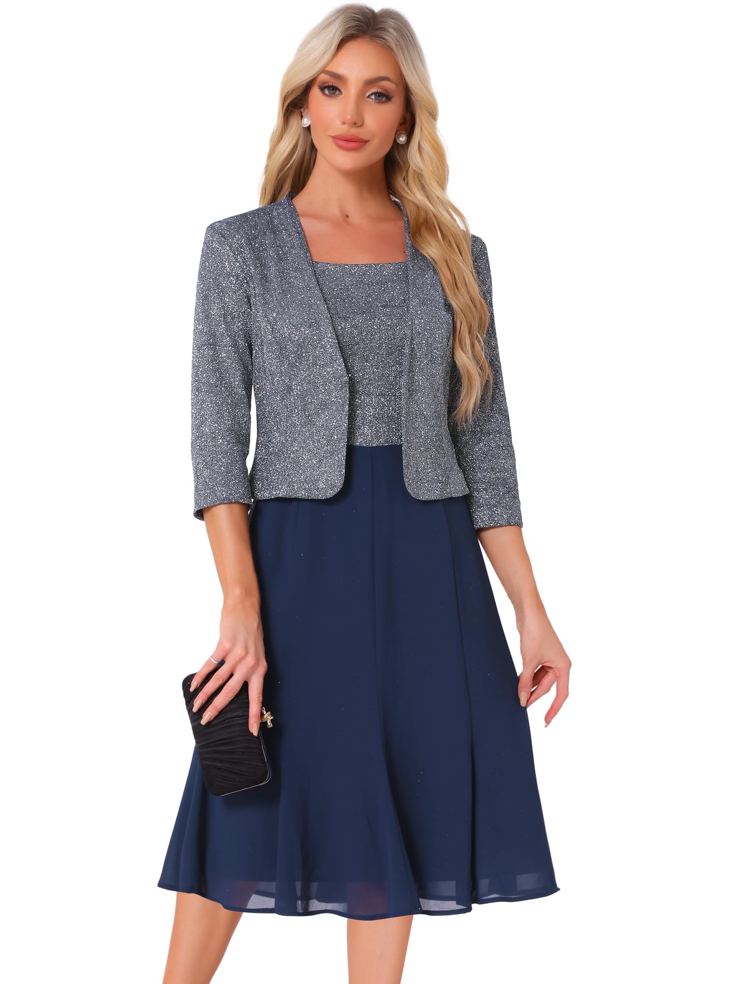 Allegra K Damen Kleid Anzug Sets 2-Teilig Kontrast A-Linie Fließende Kleide Pailletten Jacke