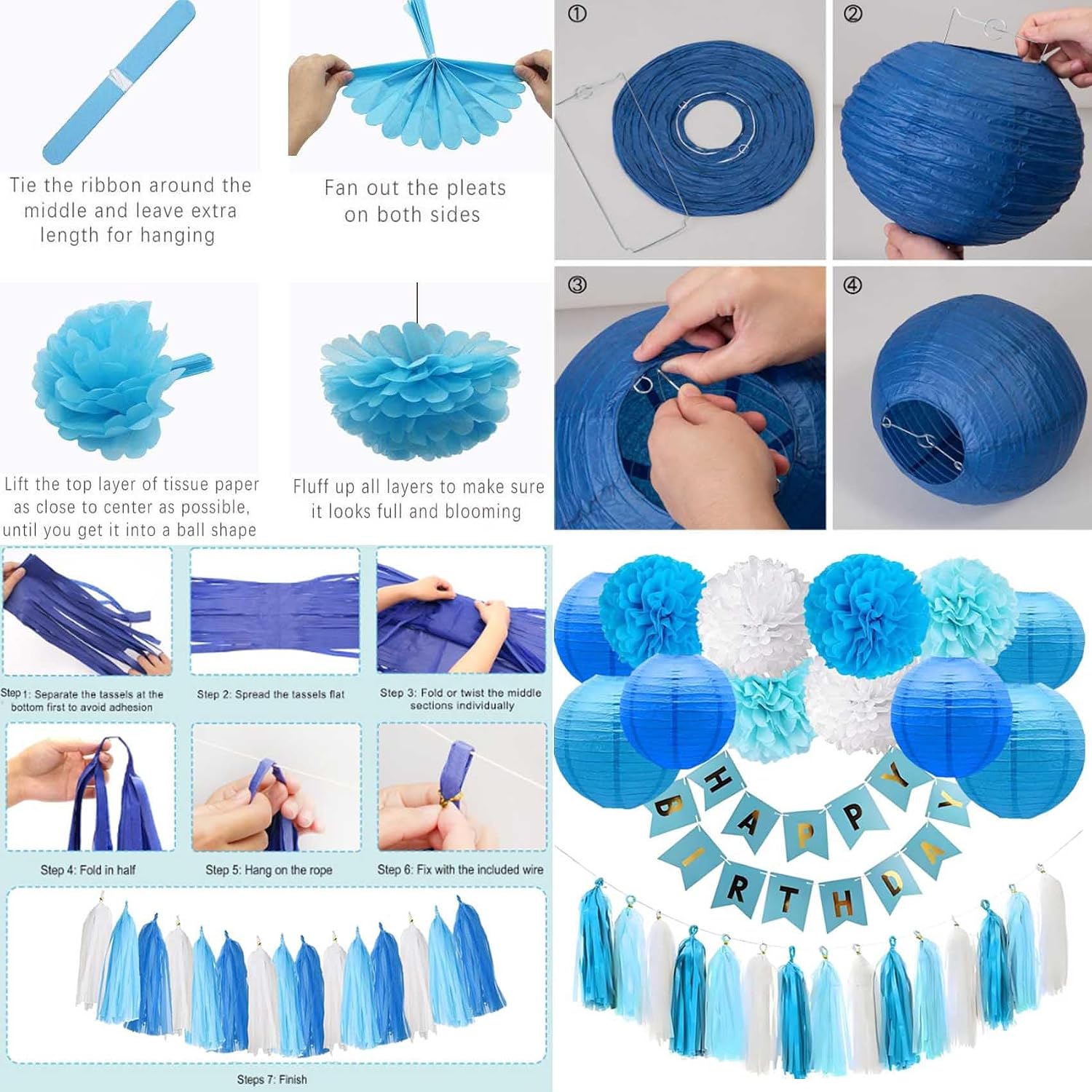 Blue and White Boy Birthday kits Party Decorations Paper Pom Poms Paper Lanterns Paper Tassels Fish tail flag-28PCS for Baby Bridal Shower Bachelorette Wedding Hanging Supplies