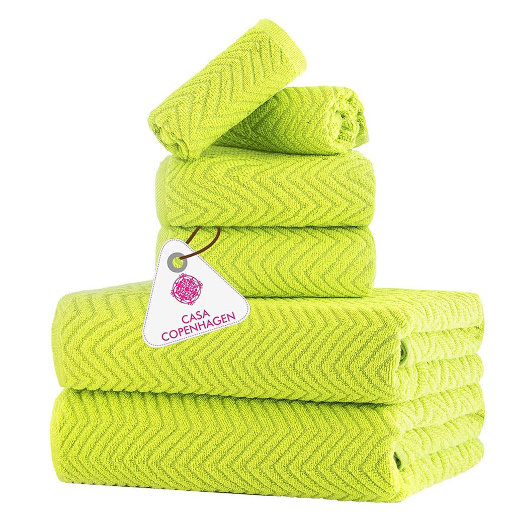 CASA COPENHAGEN Wave Textured 6 Piece Towel Set- Neon Green, 550 GSM 2 Bath Towel 2 Hand Towel 2 Washcloth, Rough & Tough Use Cotton Towels Gift Set for Bathroom