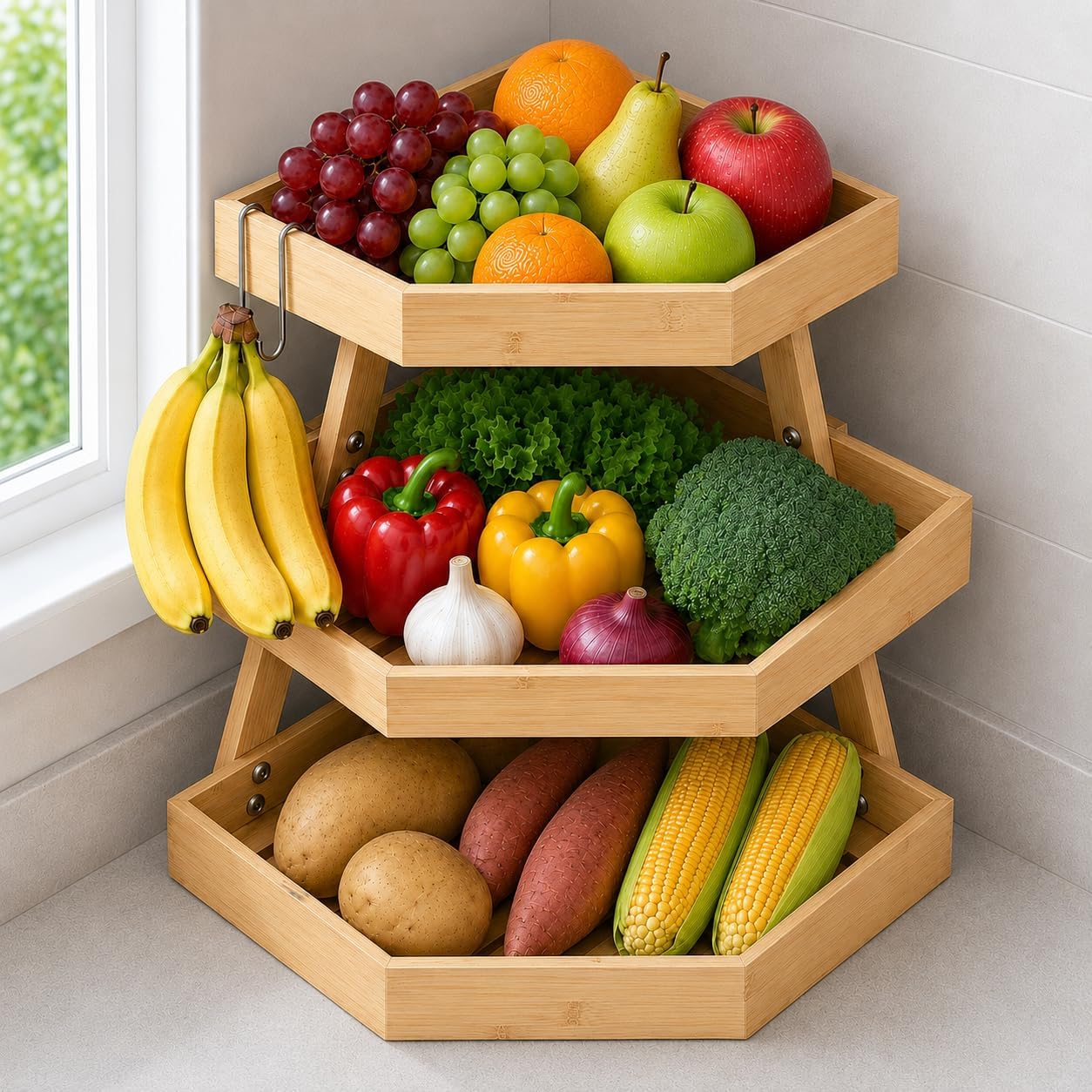 3 Tier Corner Bamboo Fruit Basket for Kitchen Counter with 2 Banana Hangers