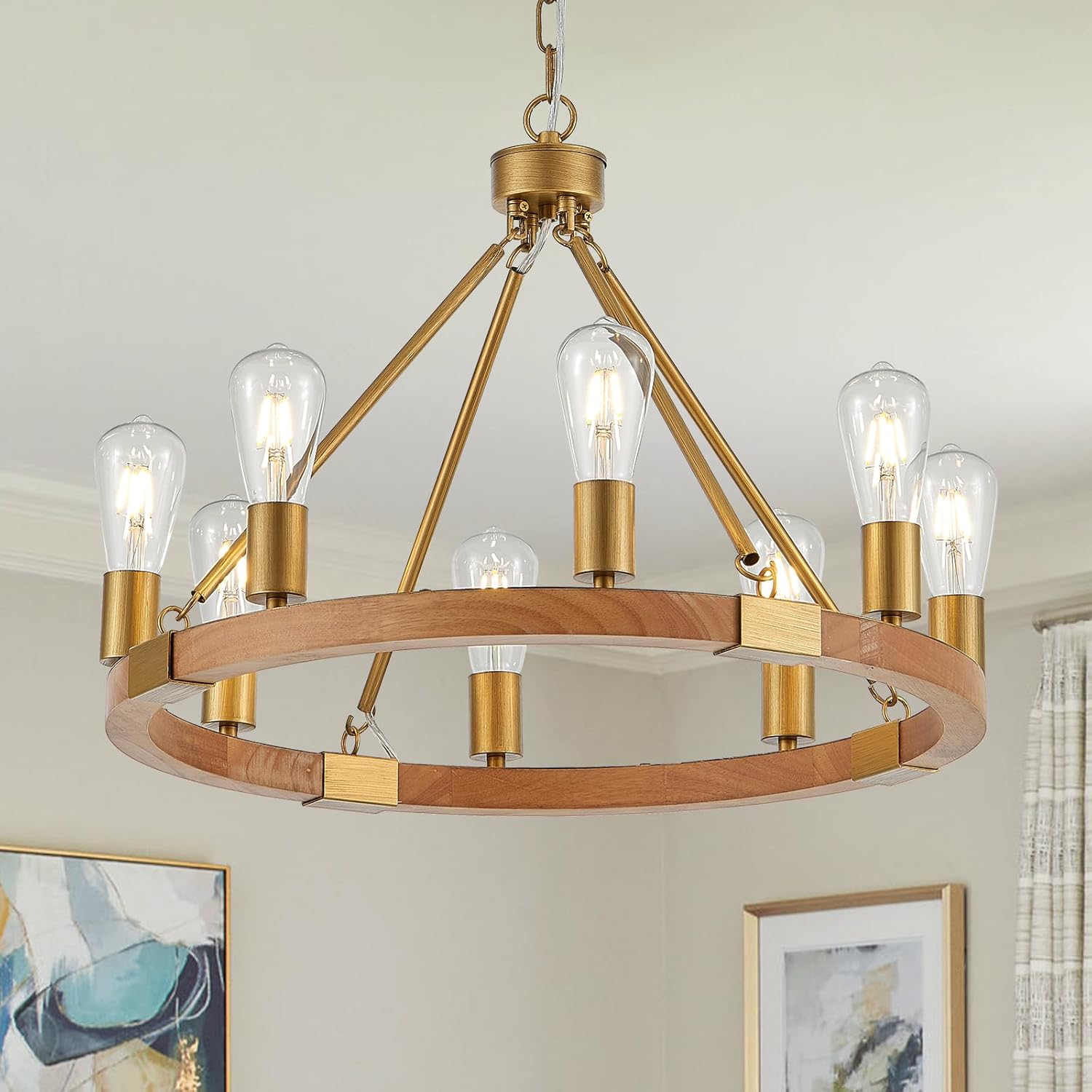 Wooden Wagon Wheel Chandelier 8-Light Rustic Light Fixtures Brass Gold Farmhouse Wood Round Chandelier for Dining Room Living Room Kitchen Foyer, UL Listed