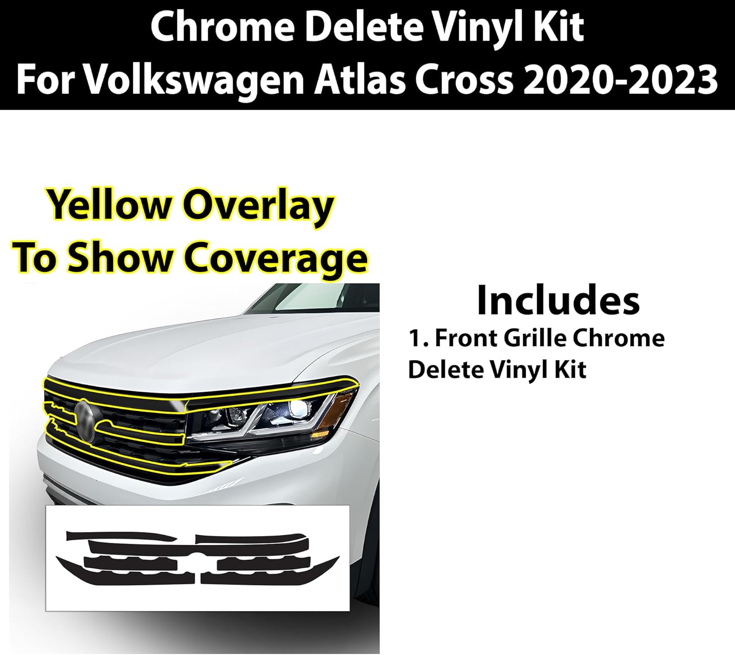 BOGAR TECH DESIGNS for Volkswagen Atlas Cross Sport 2020-2023 Front Chrome Delete – Precut Vinyl Overlay Kit, Gloss Black Blackout Trim