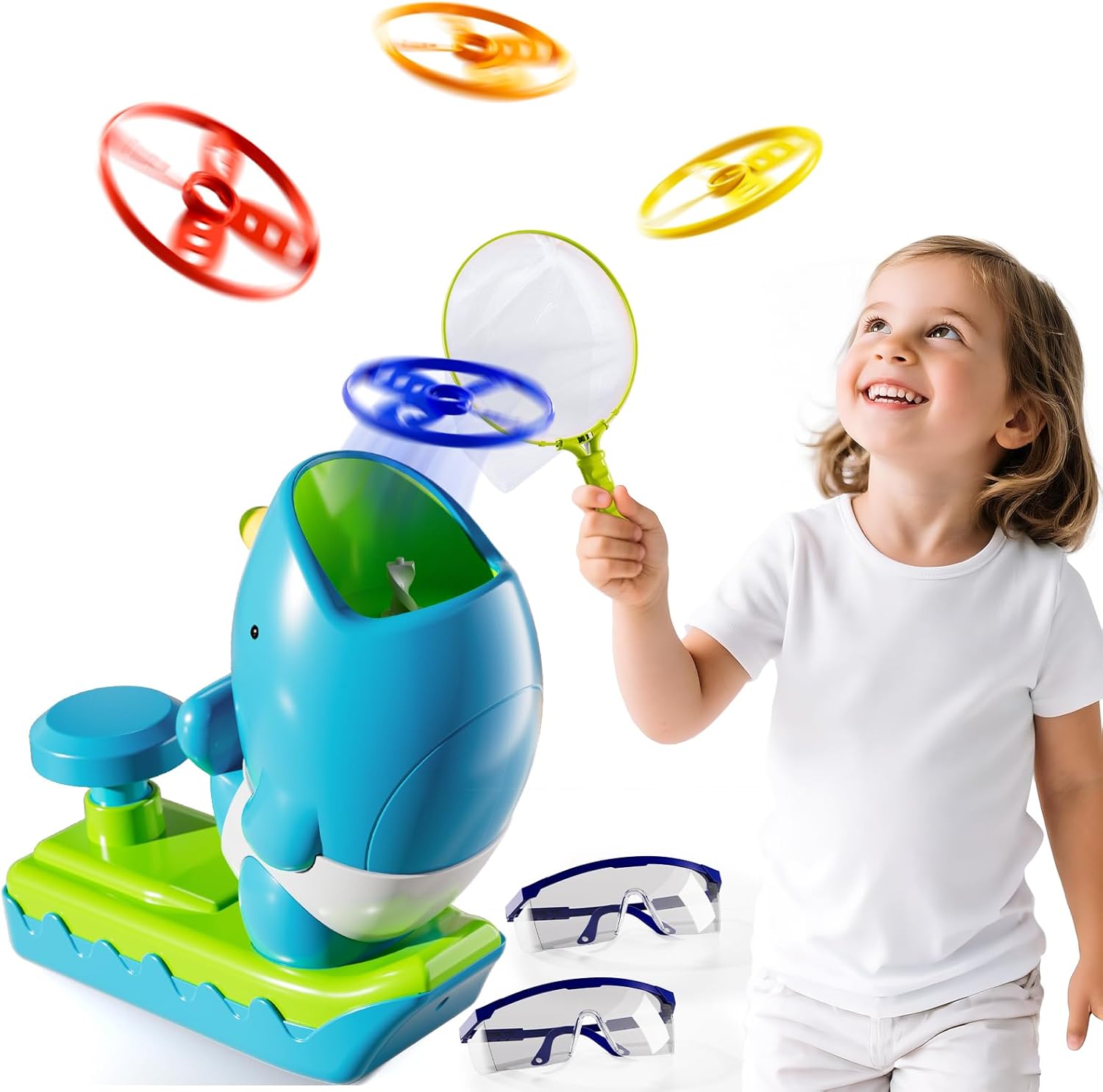Flying Disc Launcher Outdoor Toys with 1 Whale Launcher, 24 Flying Discs, 2 Butterfly Nets and 2 Protective Glasses, Outside Toys for Kids Ages 3-5 6-8 Boys Girls Chasing Catching Games Birthday Gifts
