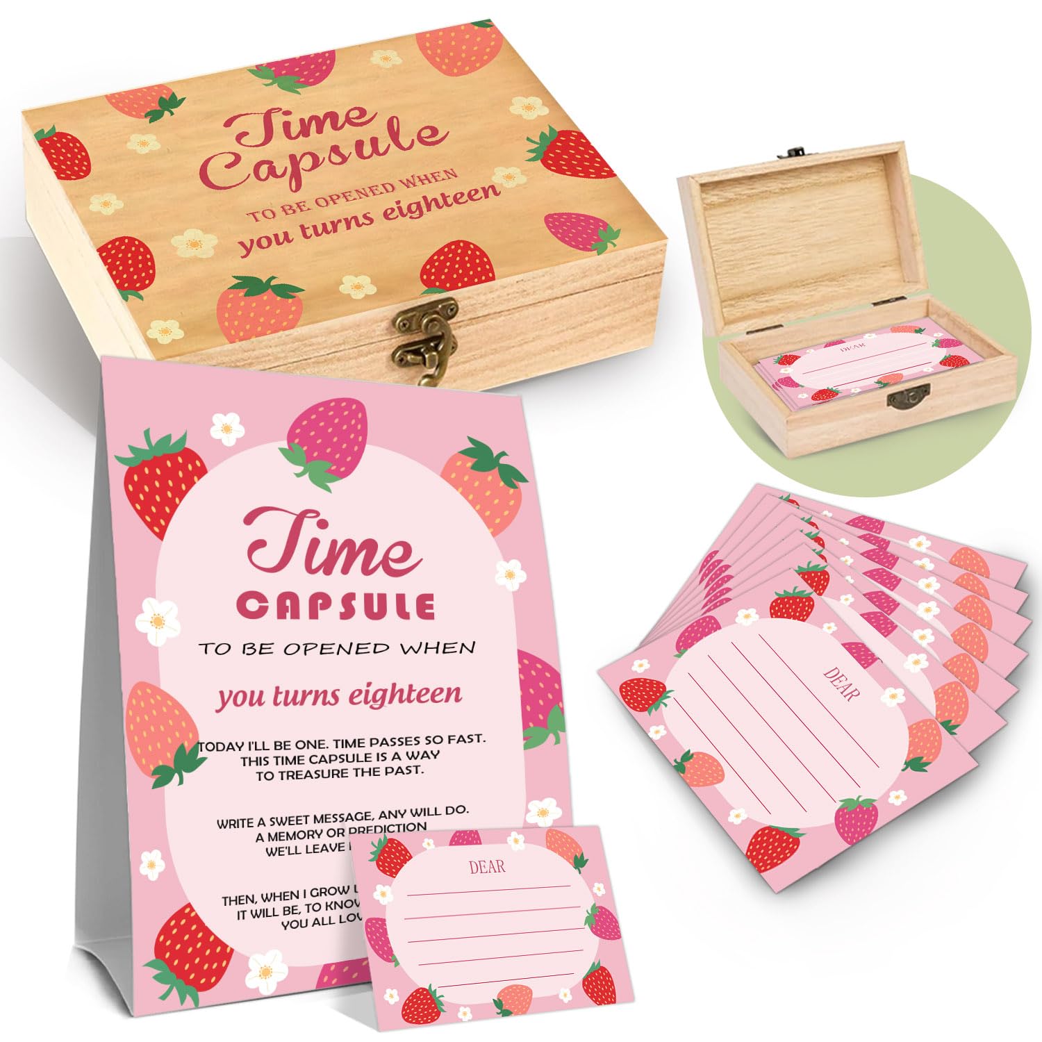 DEANHOT Strawberry Memory Time Capsule Box, Baby 1st Birthday Party Table Card with 50 Cards 1 Time Capsule Sign, Babe Memorial Time Capsule Box for