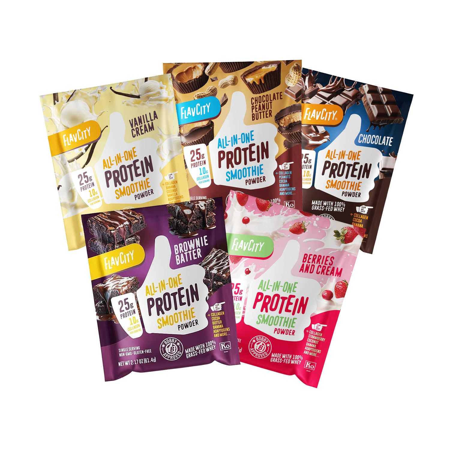 FlavCity All in One Protein Shake Powder Packets - On the Go Meal Alternative + 25g Protein & 10g Collagen, Made with Organic Reishi & Cordyceps Mushrooms - No Added Sugars, Variety 10 Pack 1.83 Ounce (Pack of 10)