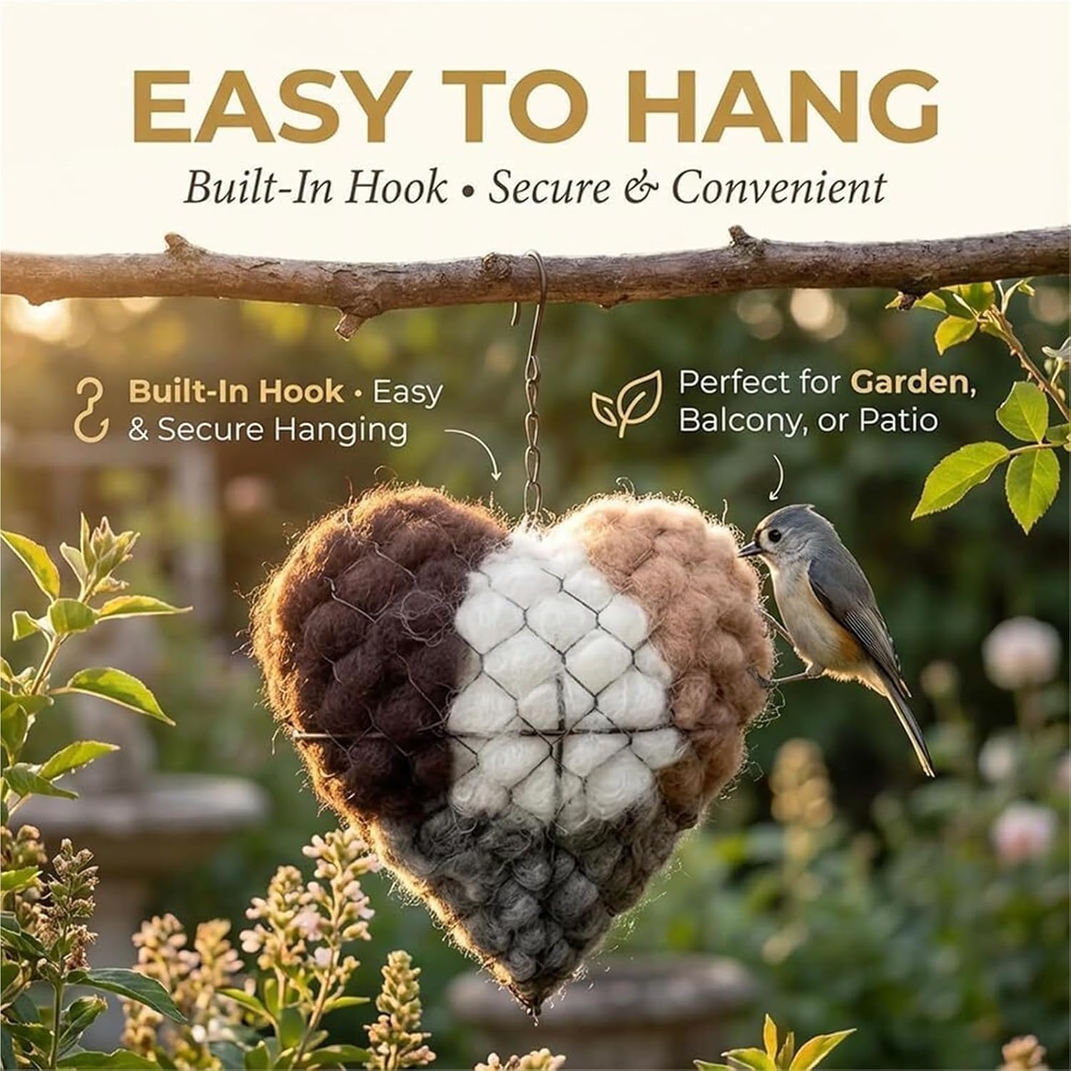 New Handmade Alpaca Wool Heart-Shaped Bird Nest, Nest Material Stand, Wild Bird Winter Tree Shelter, Hummingbird Nest Box, Outdoor Garden Decoration Birdhouse, Ideal Gift for Bird Lovers(3Set)