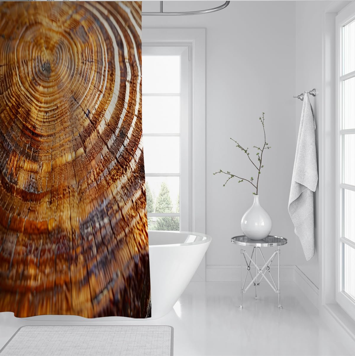 Rideau de Douche Style Ferme Texture Bois Naturel Décoration de Salle de Bain Bois Rustique Rideau de Douche Anneau annuel Tissu imperméable 200 x 240 cm