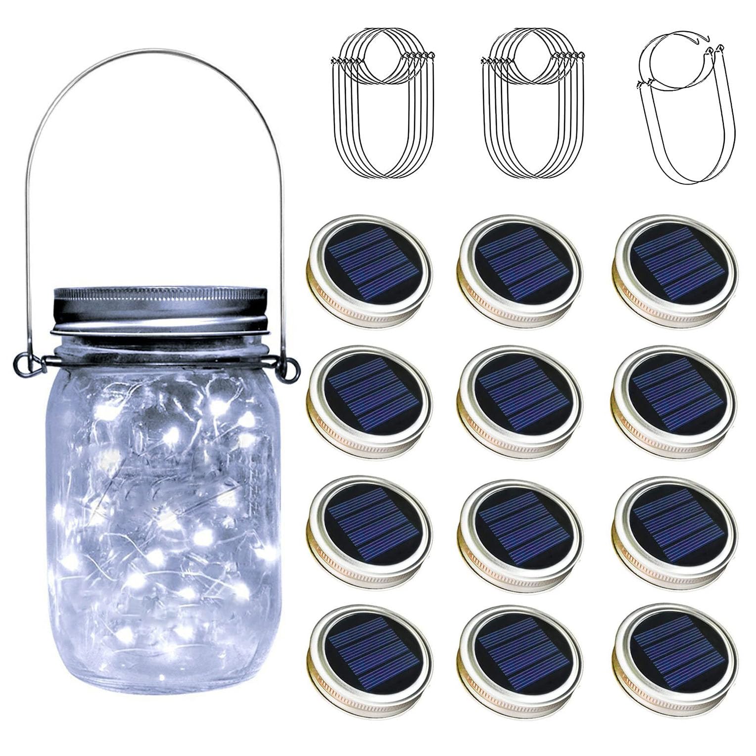 TecHong 12 x Solar Mason Jar Light Lids, 30 LED Hanging Fairy Firefly String Light Lantern Cap