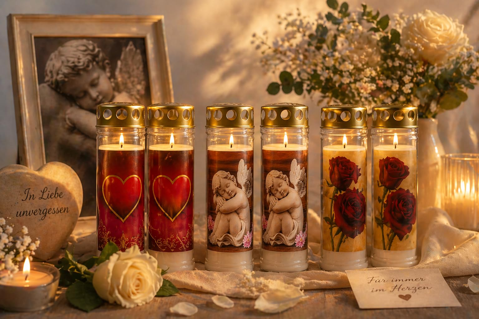 Grabkerzen 6er Set mit Motiv - 7 Tage Brenndauer Premium Friedhofskerze - Grablichter Wetterfest mit Deckel - Gedenklicht Engel Herz Rose - Trauerkerzen Dauerbrenner für Grabschmuck