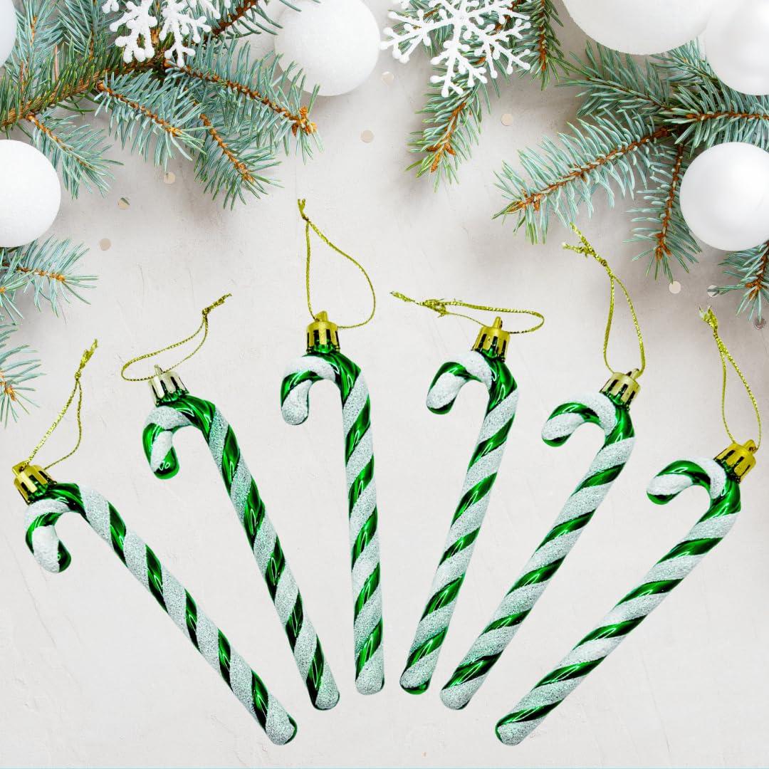 Glitter Candy Cane –Christmas Tree Hanging Decoration Bauble Xmas Ornament Pack of 6-13cm (Dark Green)