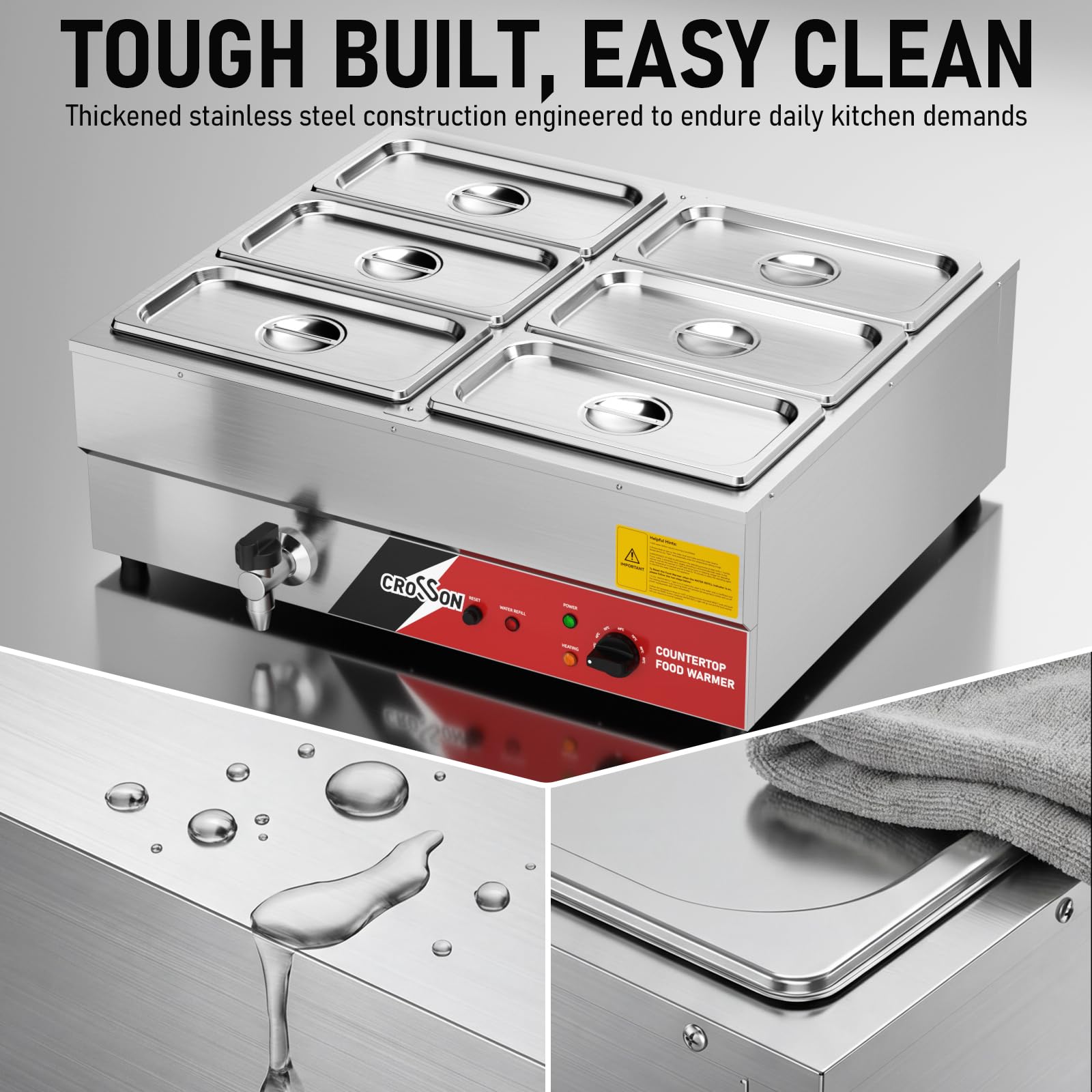 CROSSON Scaldavivande Elettrico bagnomaria Professionale con 6 Vaschette GN 1/3 in Acciaio Inox, Rubinetto di Scarico, Temperatura Regolabile, 1700W/230V, per Buffet, Ristoranti e Catering