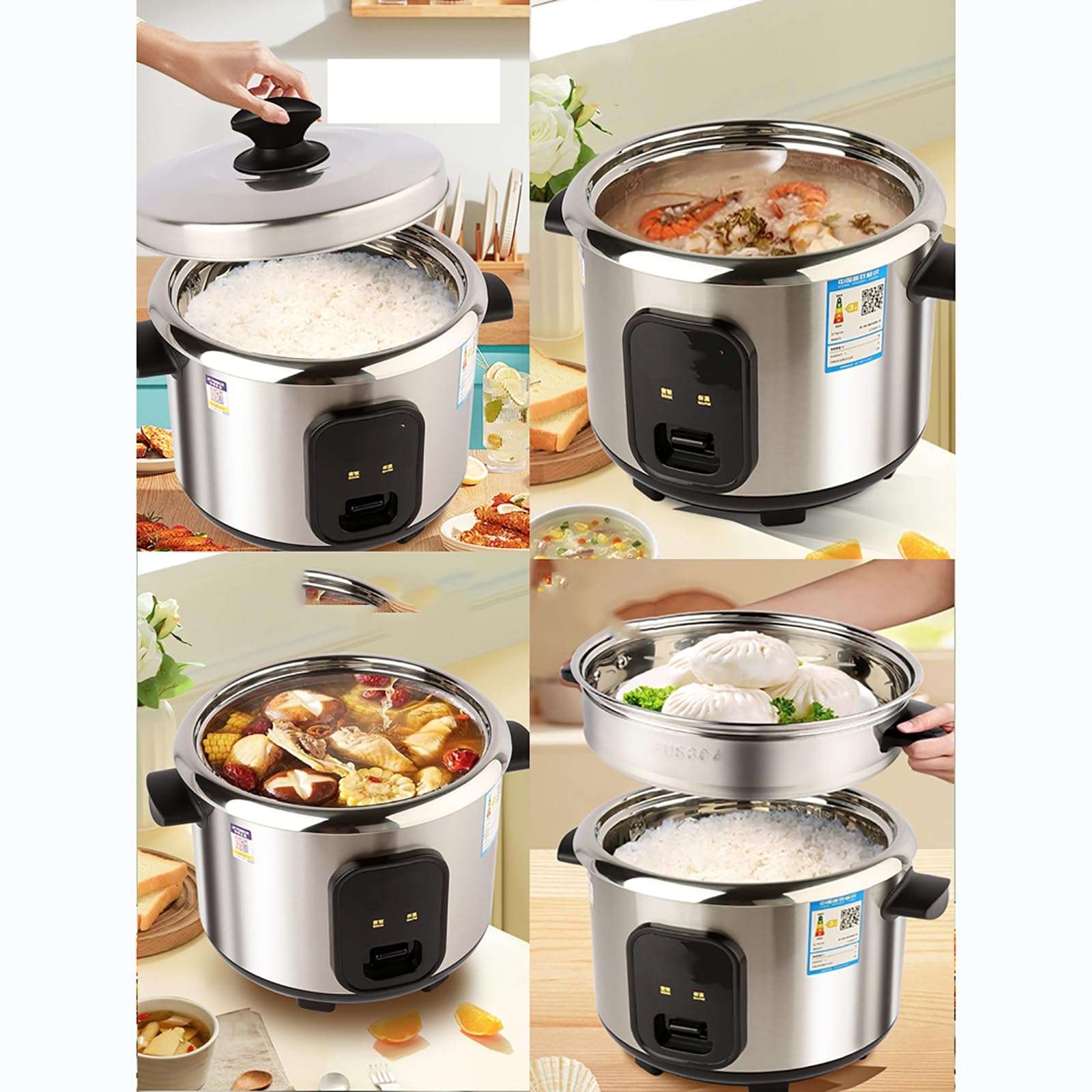 Cuociriso (2-6L) Pentola interna in acciaio inossidabile 304, isolamento intelligente, prepara riso e cibo a vapore e verdure, alimentazione 220-240V US/EU(4L)