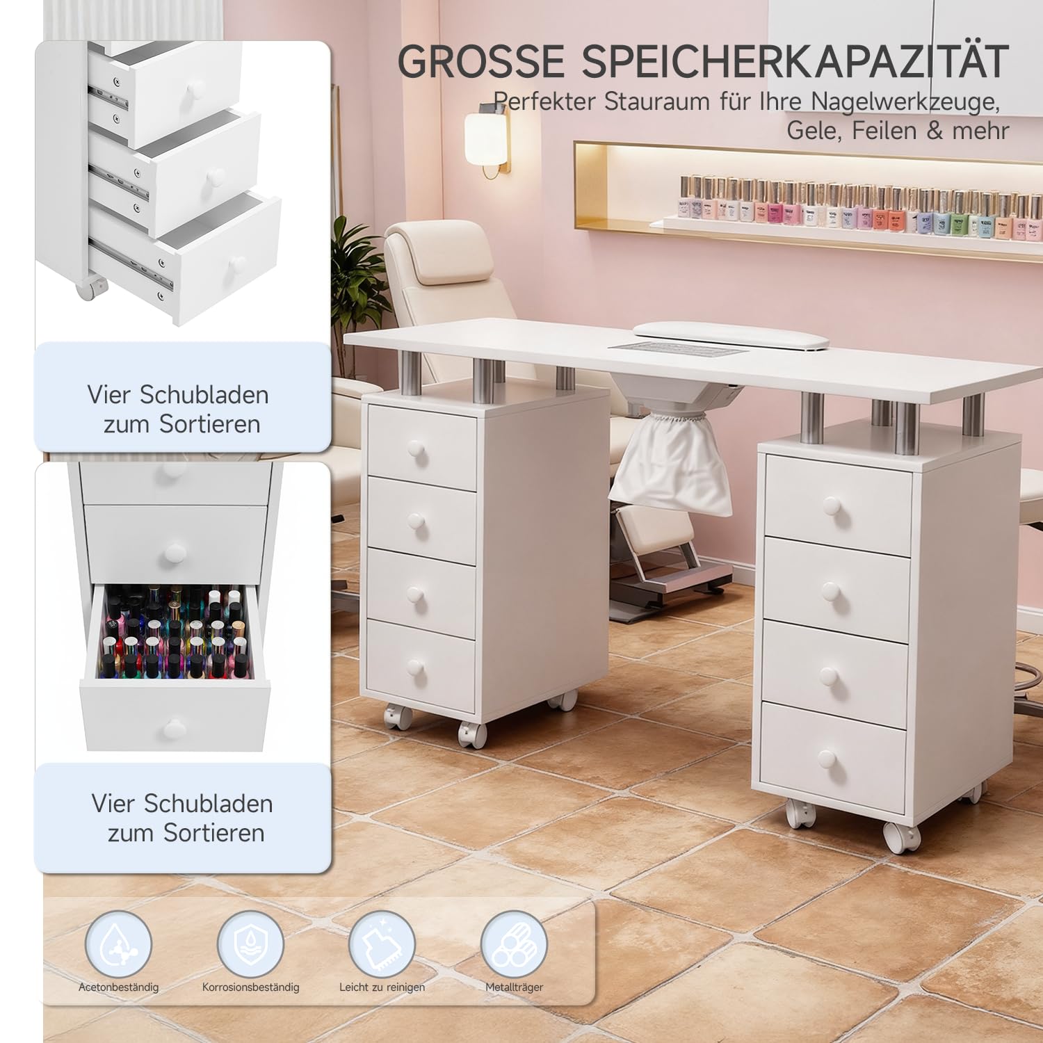 Maniküre Tisch Nageltisch mit Absaugung und Armauflage Nageltisch mit 8 Schubladen Staubabsaugung für Näge Rollbar mit Bremsen & Acetonbeständig für Nail Tech & Kosmetikstudio