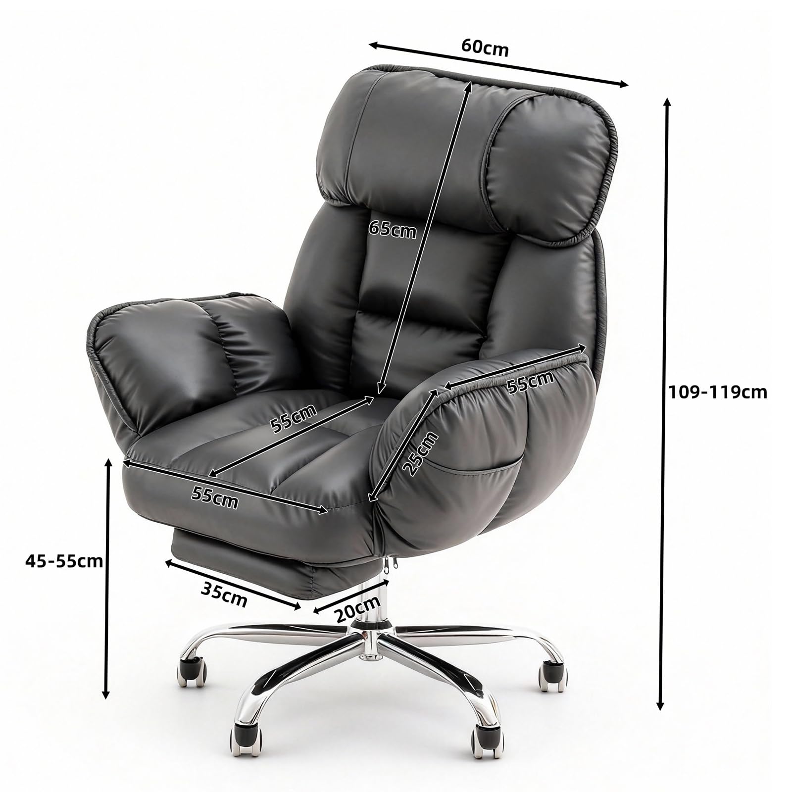 Bürostuhl Ergonomisch mit Fußstütze, Komfort im Sofa-Stil, Weiche Armlehnen | Strapazierfähiges Kunstleder, Rückenlehne mit 5 Positionen, Höhenverstellbar，Gaming Stuhl mit Rollen, Chefsessel Schwarz