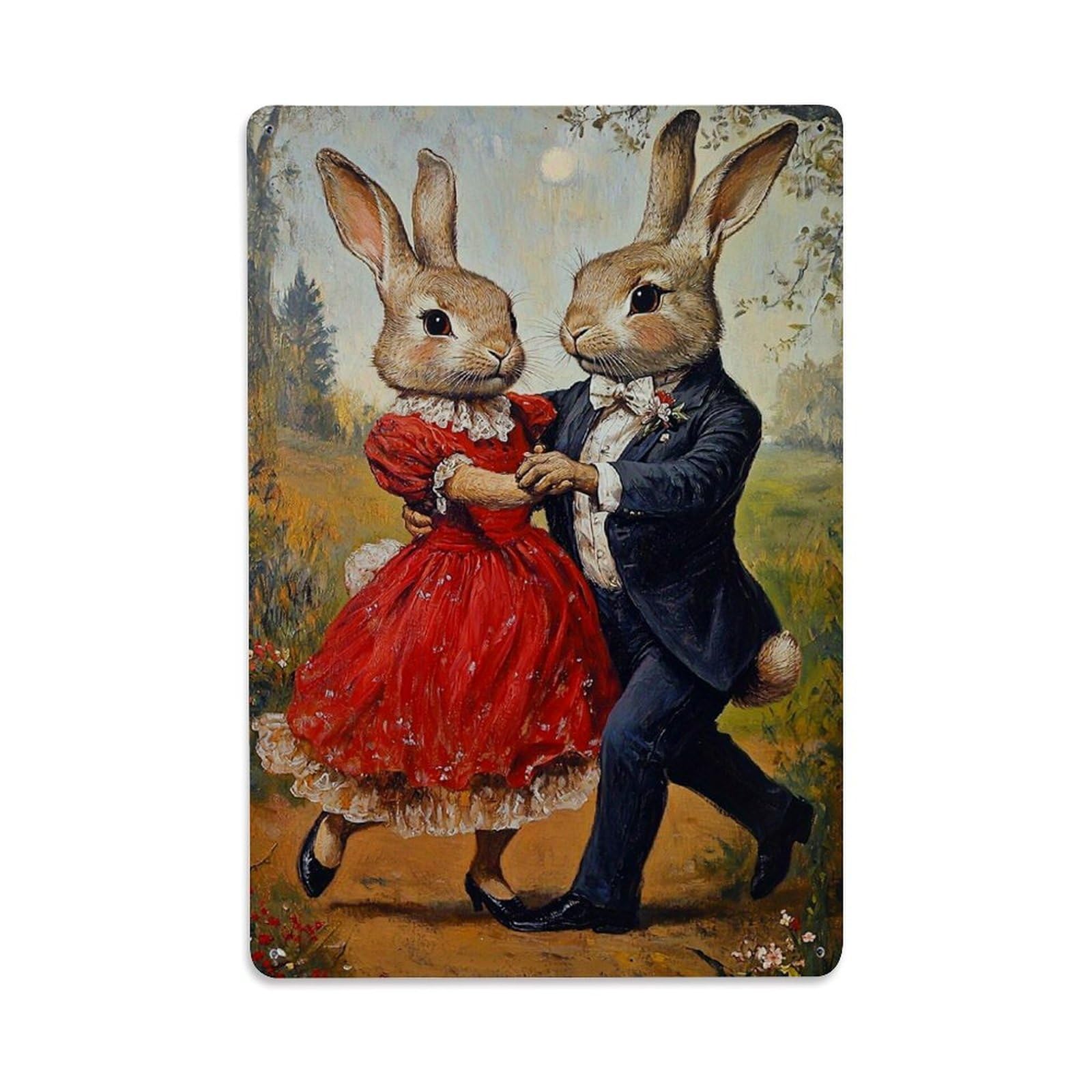 Jdfenggu Vintage Rabbit Couple Dancing In Garden Retro Metal Tin Sign, Decor Art Poster For Bar, Home, Man Cave, Kitchen, Laundry Room Gift 8X12inch