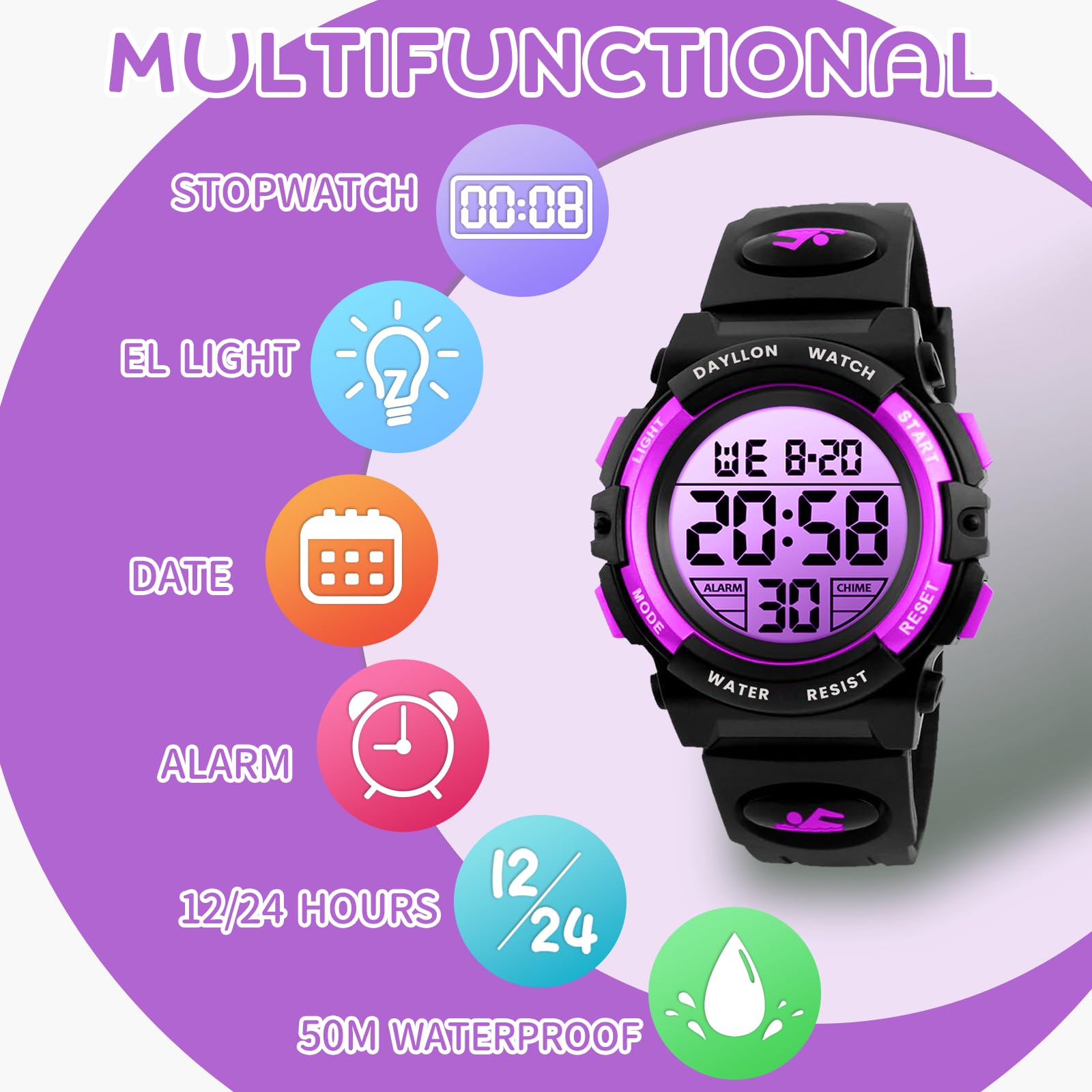 Dayllon Orologio digitale per bambini Sport all'aperto 50 m impermeabile Orologio elettronico Allarme 12/24 h Cronometro Calendario Ragazzo Ragazza Orologio analogico