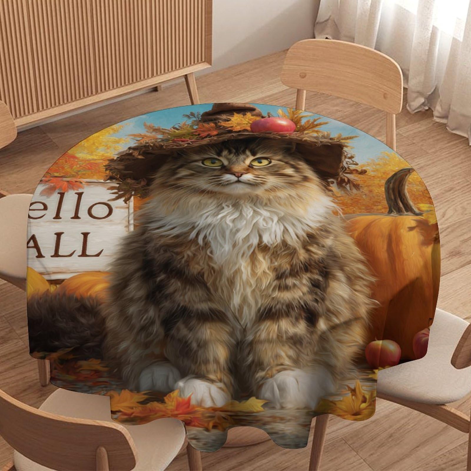 LUYYSKY Cute Abstract Cartoon Cats Round Tablecloth Beautiful Funny Thanksgiving Fall Animals Cats Kitten Pattern Washable Decor for Table Cover for Kitchen-177.8" Wx177.8 L cm