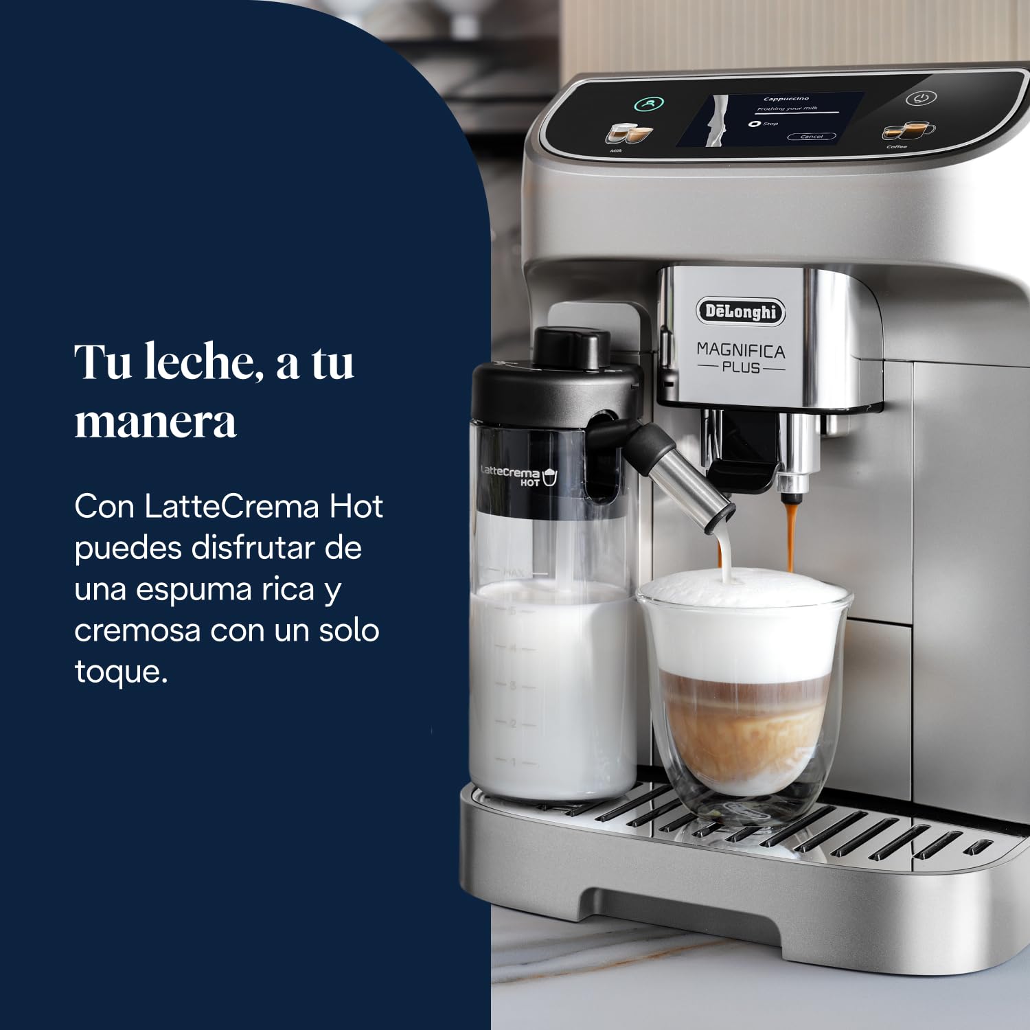 De’Longhi Magnifica Plus– Perfetto Cafetera Superautomática, LatteCrema Jarra de leche automática, 18 Bebidas One-Touch, Pantalla Táctil a Color, Plata y Negro (ECAM322.70.SB)
