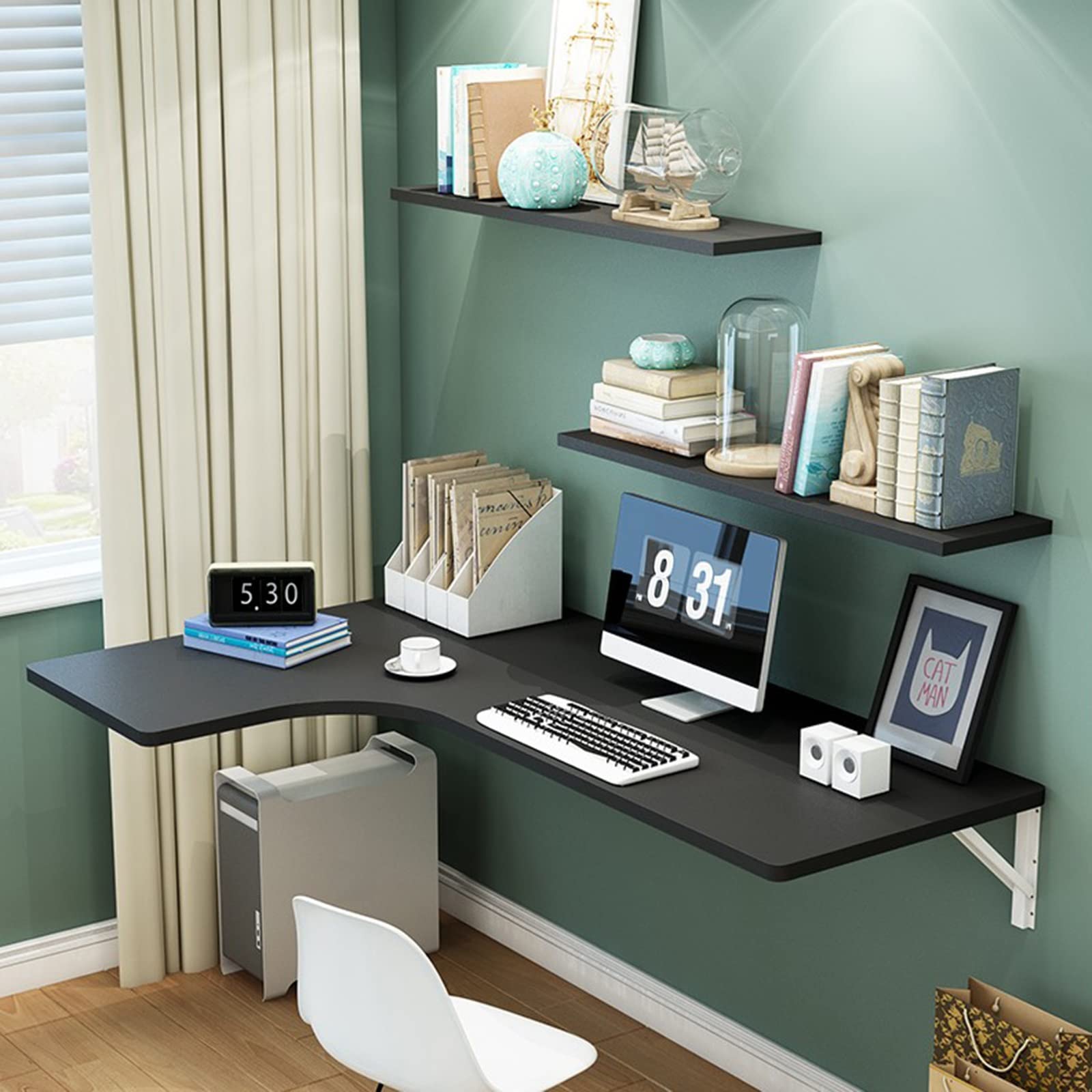 Bureau flottant avec table à abattant et support métal pour petit espace