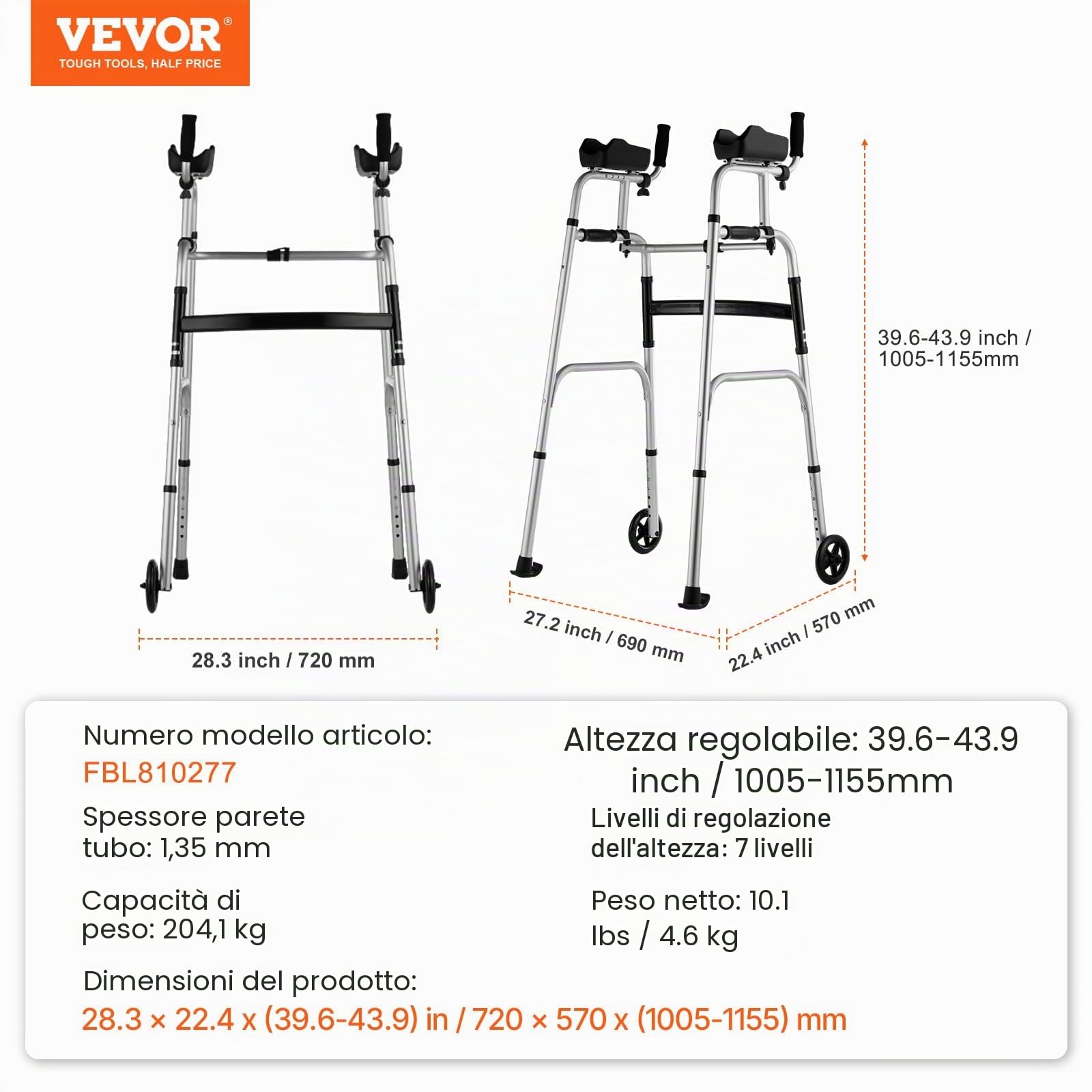 VEVOR Deambulatore Pieghevole 2 in 1 Ausilio per Mobilità con Ruote Anteriori, Braccioli Rimovibili, Altezza Regolabile con Ruote Solide da 127 mm Alluminio Leggero, per Anziani Disabili, 204,11 kg