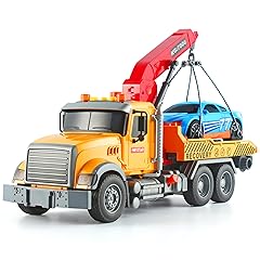 Dwi Dowellin Kids Toys for 3 4 5 6 7 Years Old Boys, 15" Large Tow Truck Toy,Friction Powered Transport Truck Crane Toy with Lights and Sounds,with Roadster,Toddlers Gifts