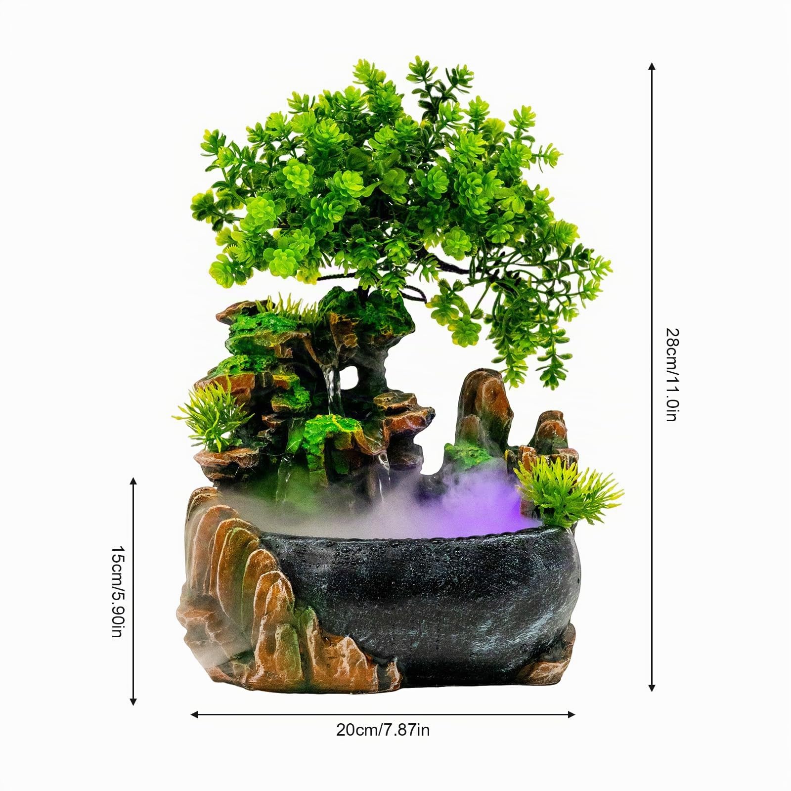 Fontaine de bureau LED, cascade avec brouillard, fontaine à plantes, salon, bureau, vert