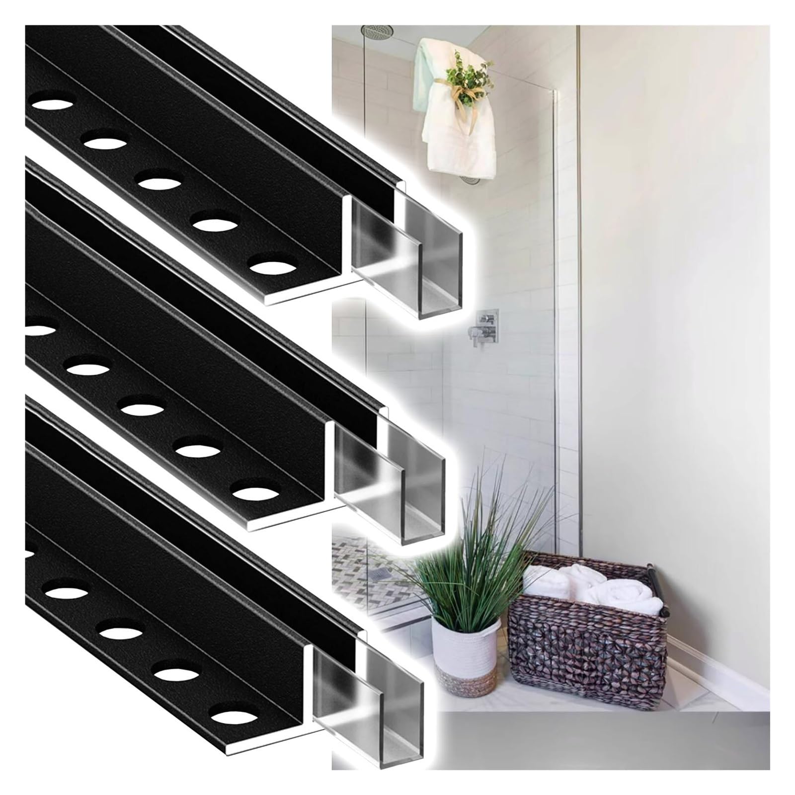 JYHHCYS Tile-In U Channel for Frameless Shower Door Panels, Heavy Duty Aluminum U‑Shaped Glass Channel Track, Matte Black Glass Panel Retainer Hardware(Black 3pcs,10mm/0.39in)