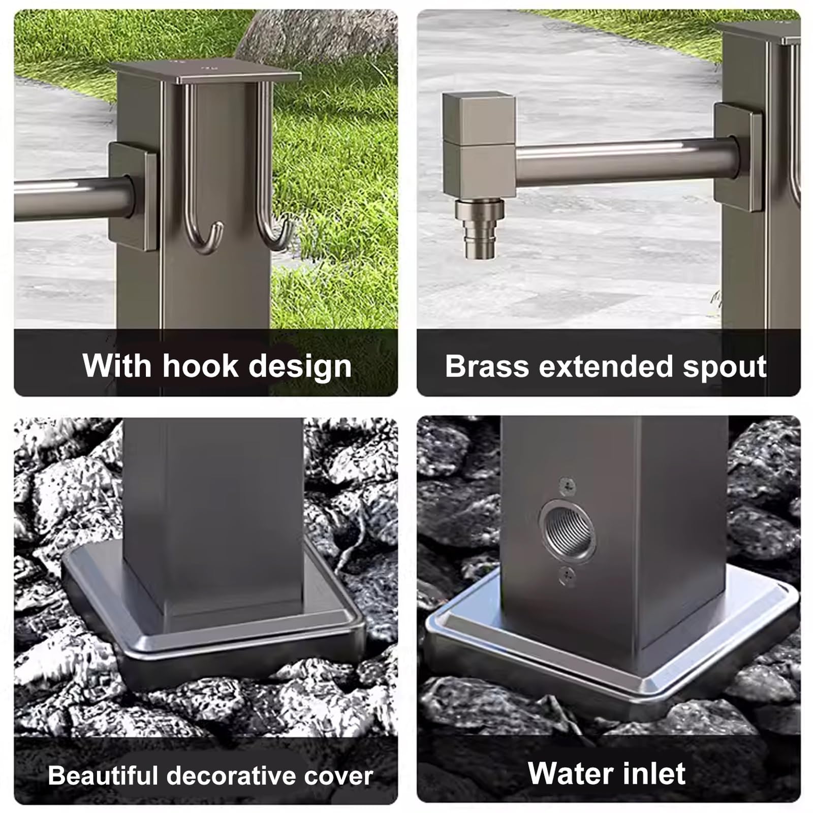 Grifo Exterior Anticongelante con Pistola de Riego y Doble Grifo de Latón | Columna de Agua Vertical para Jardín | para Patios y Terrazas Exteriores(40cm/15.7in)