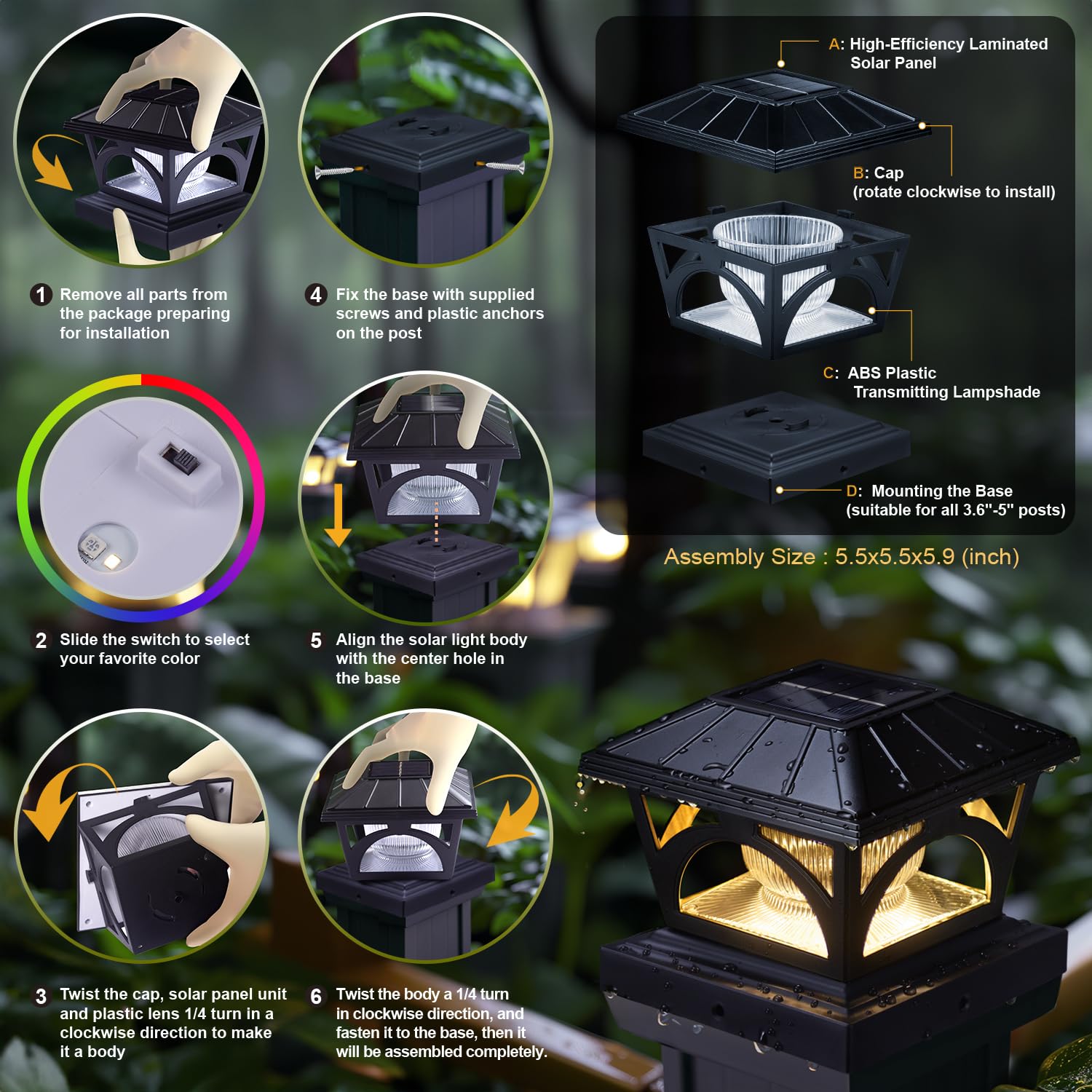 Luci solari a energia solare, bianco caldo e colore RGB fisso, 9 colori tra cui scegliere, 20 lumen, lP65, impermeabili, adatte per recinzioni in legno, 3 x 3, 3,5 x 3,5, 4 x 4, 4,5 x 4,5,