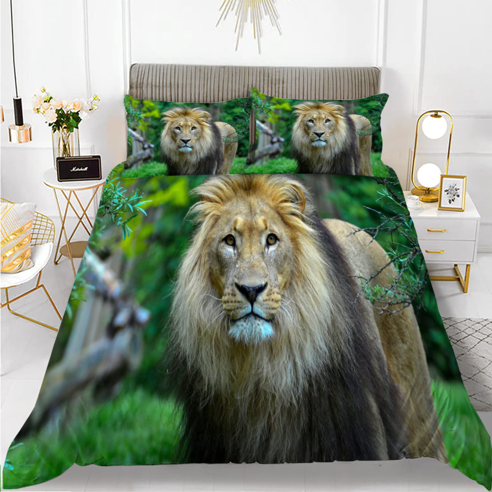 Housse de couette lion vert 240x260 en microfibre premium 110g/㎡