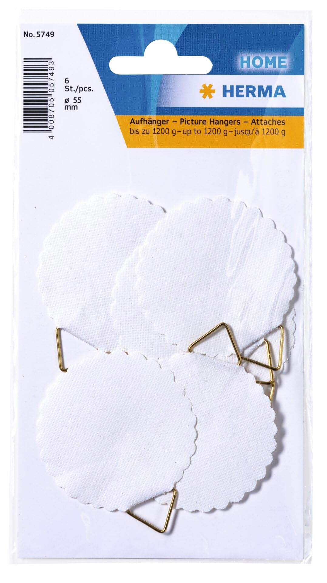 HERMA 5749 Bildaufhänger zum Kleben weiß groß, 6 Stück, Ø 55 mm, selbstklebend, Drahtseil Bildaufhängung ohne Bohren für die Wand, starke Papier Draht Aufhänger für Bilder Bilderrahmen bis 1200 g
