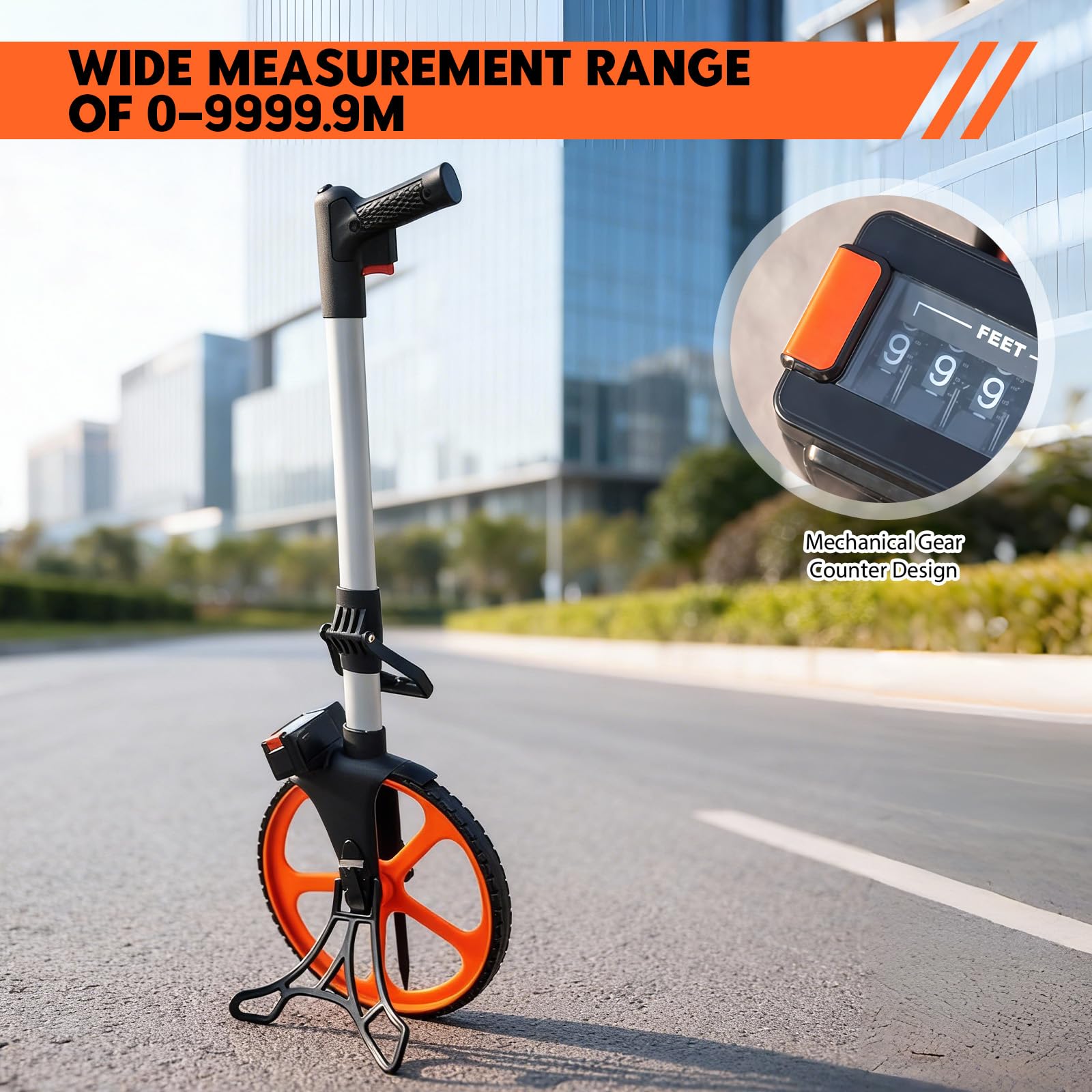 Mechanischer Messrad Meterzähler 0–9999.9m Reichweite Faltbares Entfernungsmesser mit 20PC Markierungsfahnen Distanzmesser für Baustellen Straßen und Sportplätzen, Ein-Klick-Reset