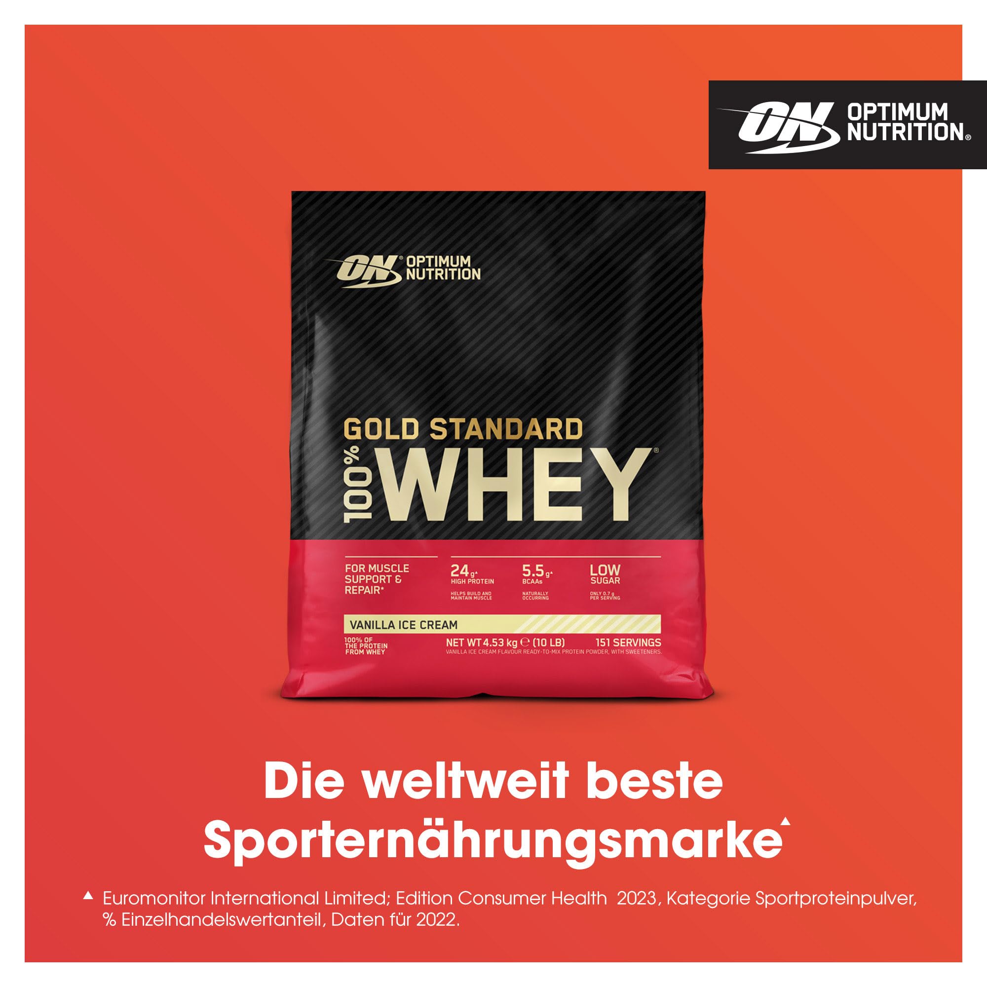 Optimum Nutrition Gold Standard 100% Whey, Proteinpulver, Geschmack Vanilla Ice Cream, 4.53kg, 151 Portionen