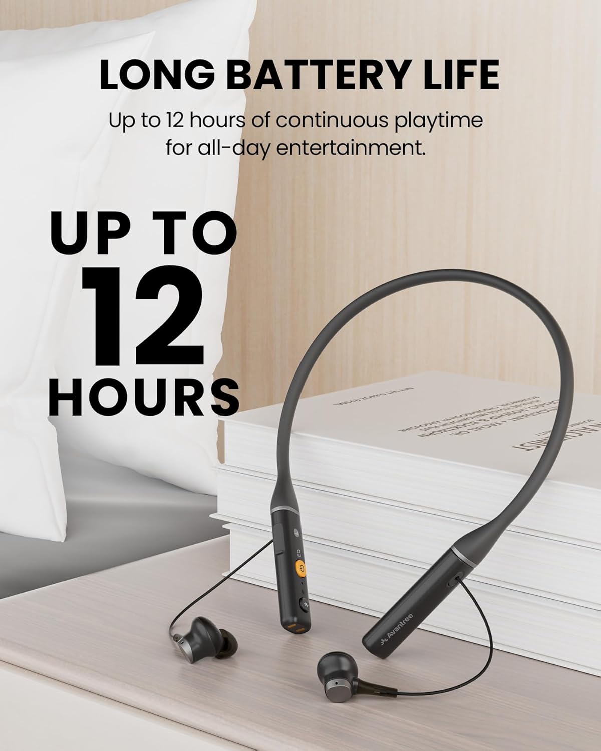 Avantree Aura Loop Dual earbud on a nightstand, indicating up to 12 hours of battery life.