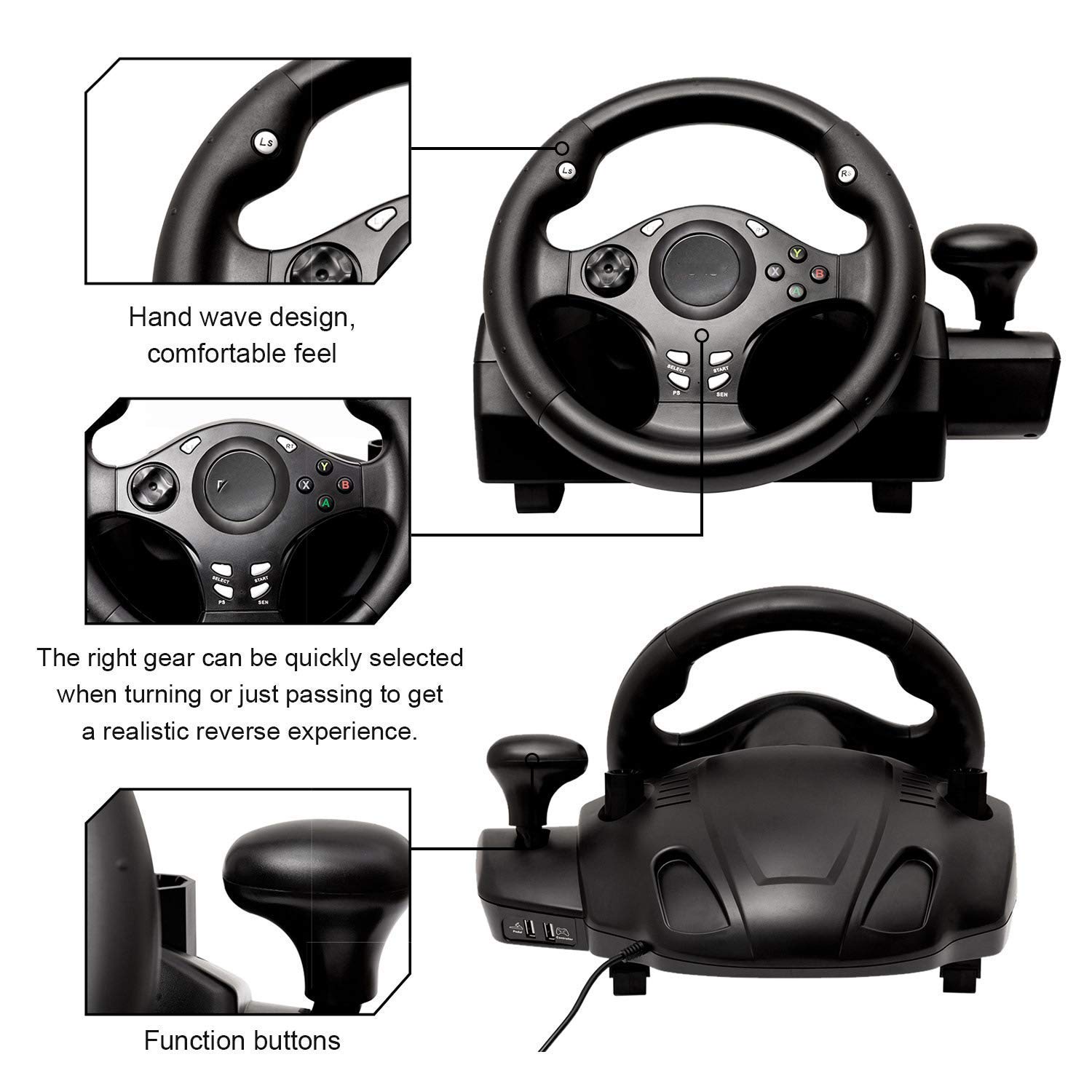 RajoNN Volante de Carreras 7 en 1, Volante de Carreras de Fuerza motriz con Pedales sensibles para PC,PS3,PS4,X-360,X-One,NS Switch,Android