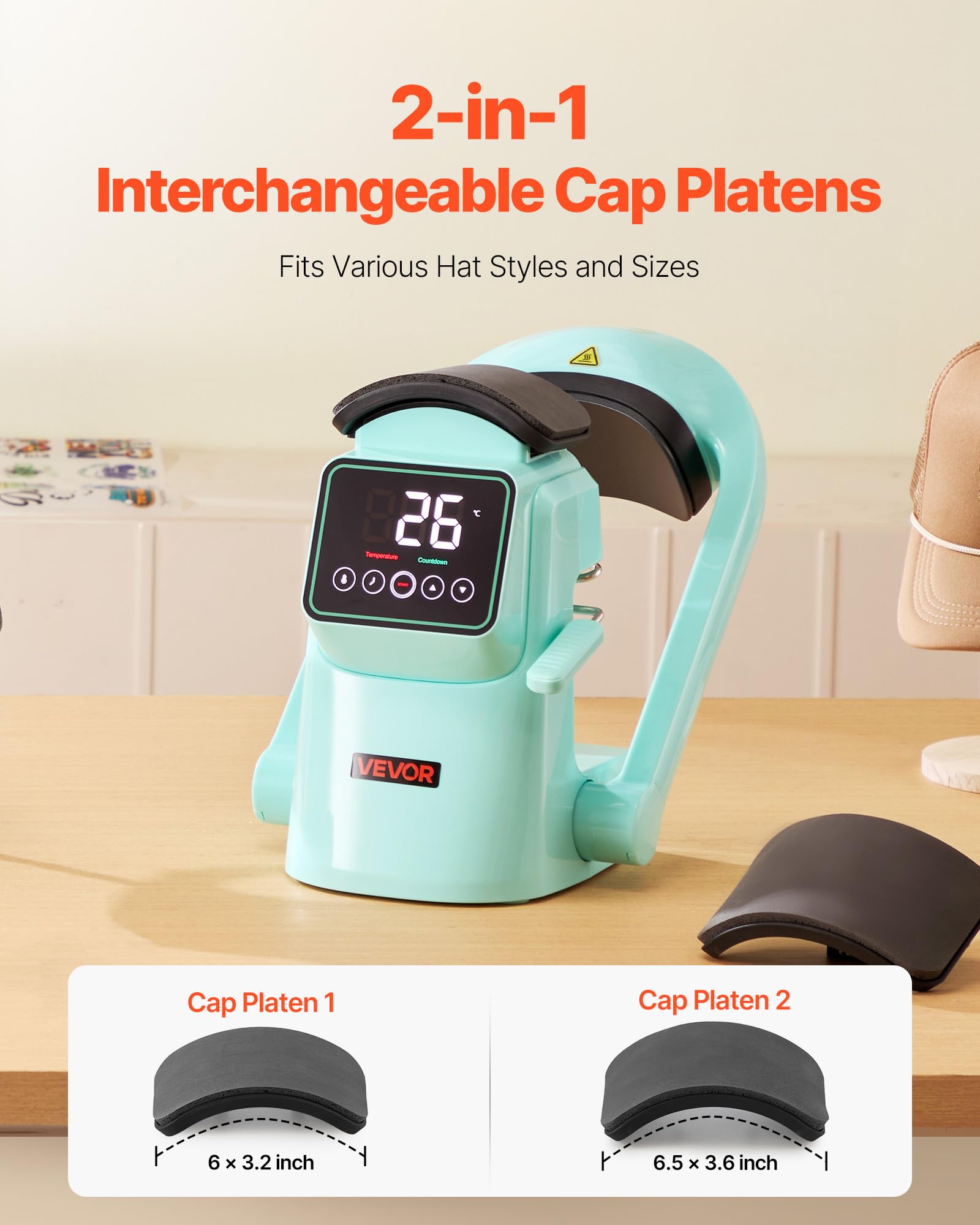 VEVOR Presse à Chaud Automatique pour Casquettes et Chapeaux, Machine de Sublimation avec 2 Plateaux Interchangeables, Écran Tactile pour Un Contrôle Précis du Temps et de la Température, Vert