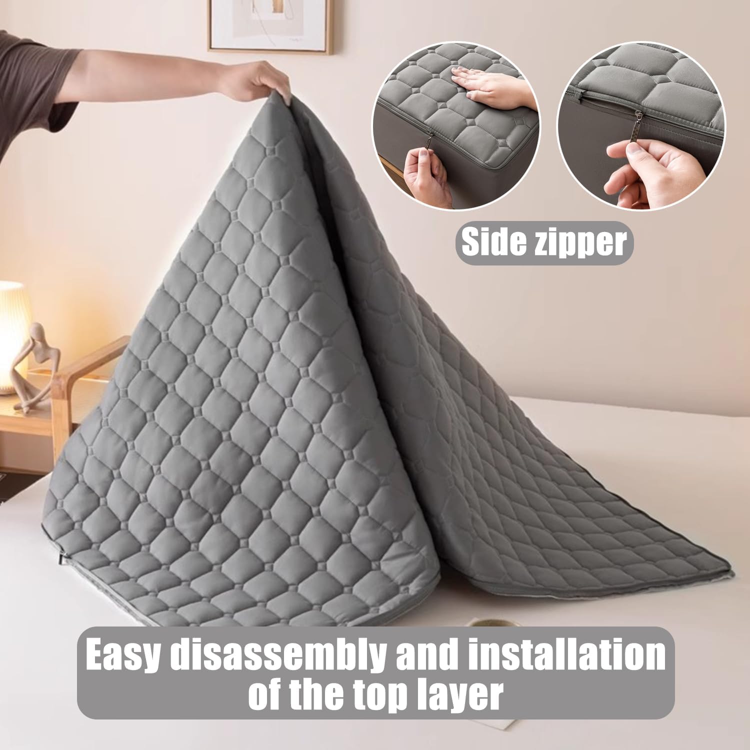 Gray,90 * 200+25cm,LDLCYCN Full Zipped Mattress Protector Customizable Comfortable Quilted Mattress Cover with Zip 6 Side Fitted Sheet Breathable Anti-Dust Mattress Encasement Cover Washable