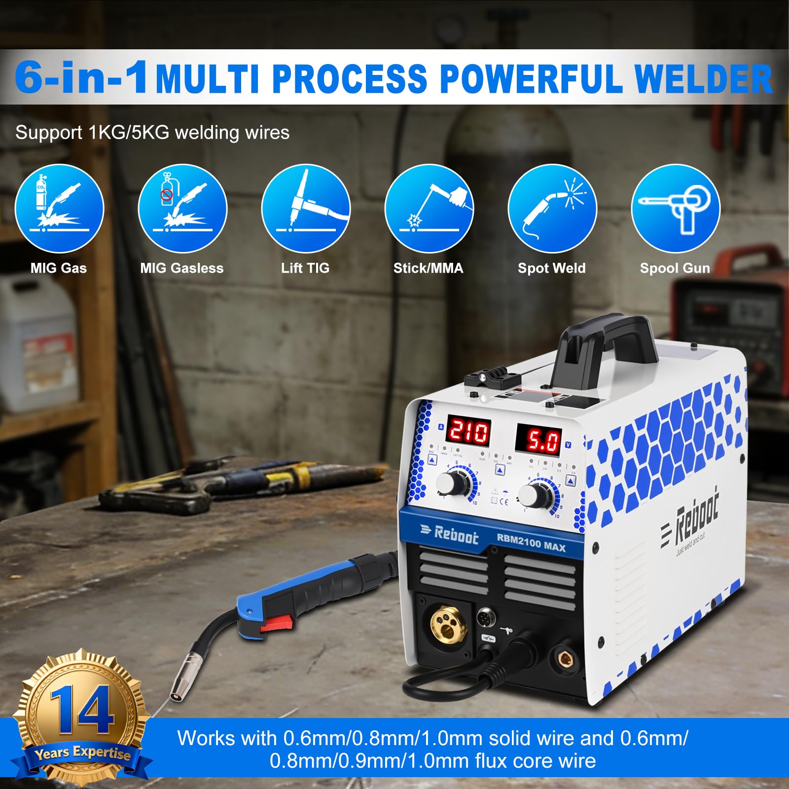 Reboot Saldatrice 6 in 1 210A MIG MAG con/senza Gas Sinergica, MMA, Lift TIG, Alluminio – IGBT Inverter – 230V Display LED – RBM2100 MAX