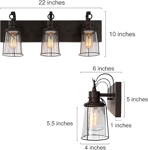 Miniatura 2 de LALUZ Lámpara de baño oxidada de granja, luces de tocador de 3 luces con pantalla de vidrio sembrado sobre espejo