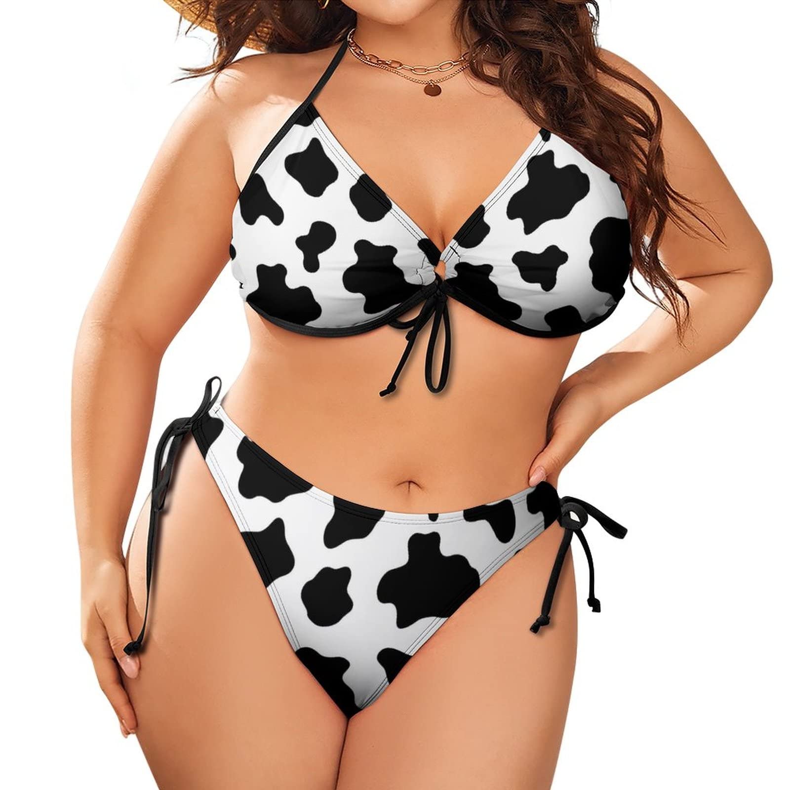 Lurhonp Women's Halter Padded Top Tie Side Bottom Swimsuit Cow Print 2 Piece Plus Size Bikini Bathing Suits
