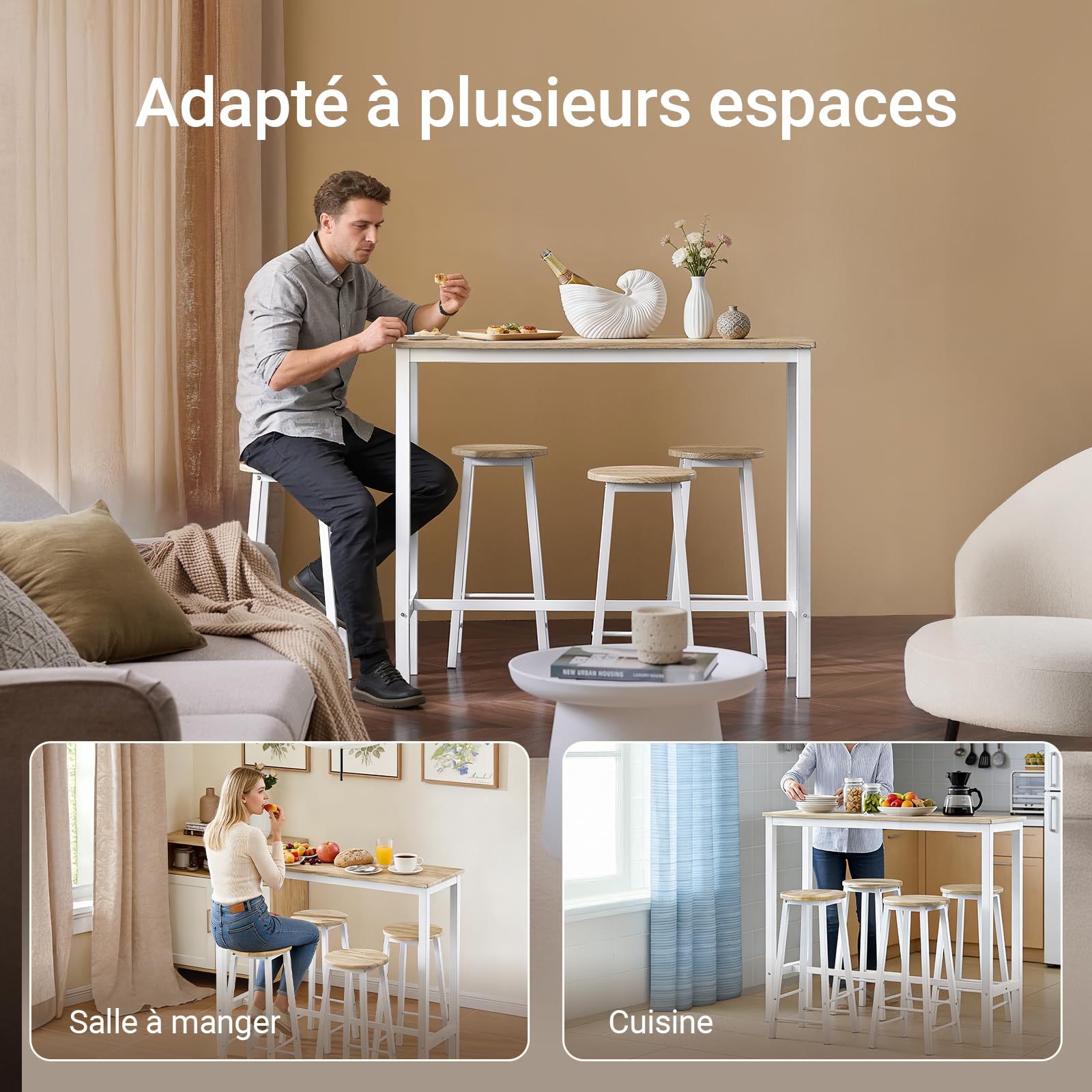 SoBuy Table Haute Mange Debout avec 4 Tabourets, Table de Bar Bistrot en Bois pour Cuisine 4 Personnes, Salon, Jardin et Extérieur Blanc-Naturel 120×100×40cm OGT22-WN