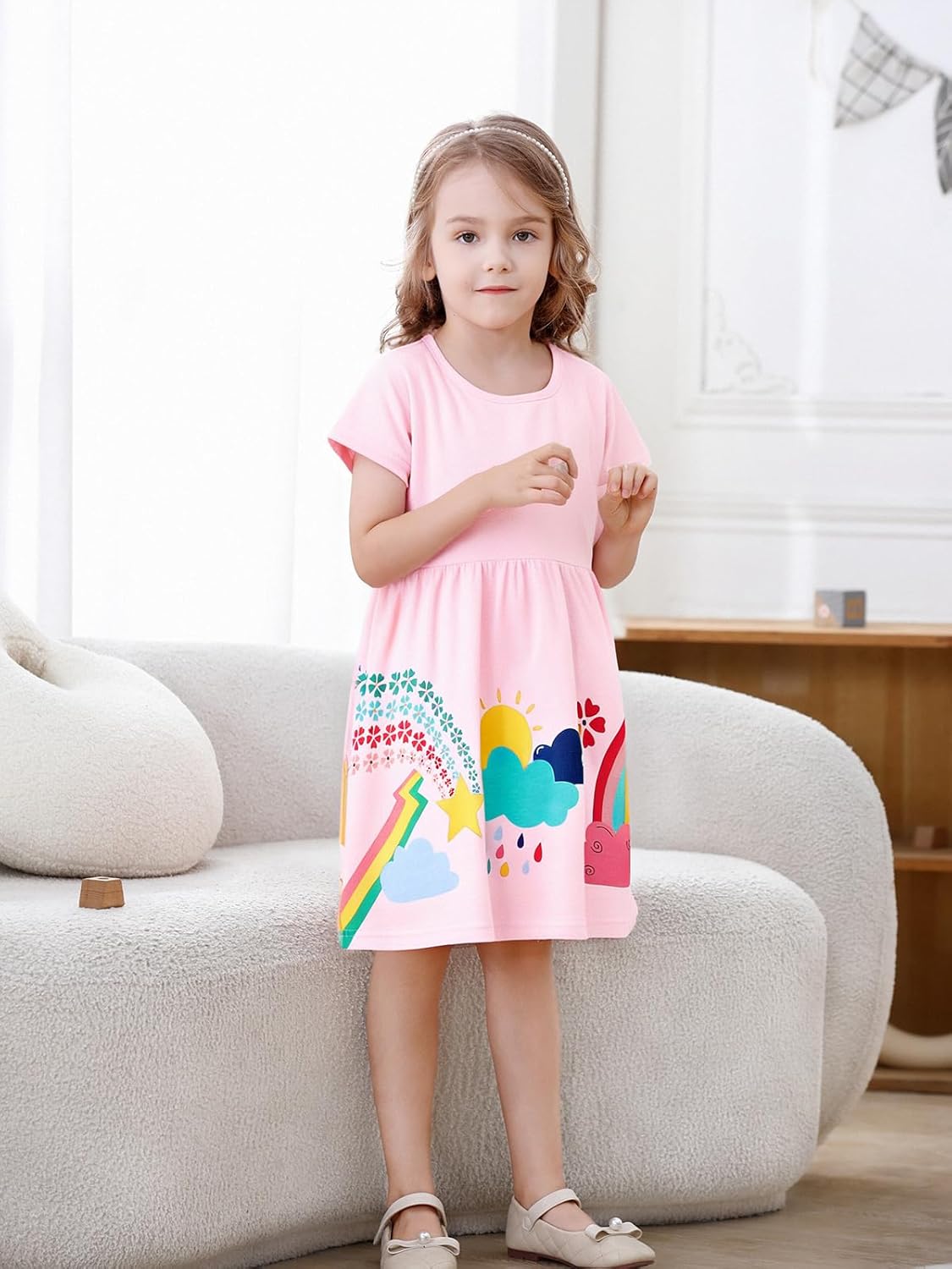 Hongshilian Toddler Girls Cotton Casual Dress Cartoon Print Short Sleeve Dress Girls Summer Sundress 2-7 Years - Image 2