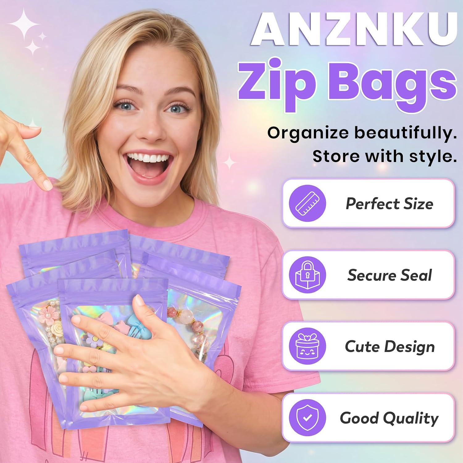 ANZNKU 100PCS Holographic Bags 4x6 Mylar Bags Resealable, Purple Smell Proof Packaging Bag Snack Pouches Goodie Baggies for Candy Jewelry Graduation Party Favors, Small Gift Bag for Small Business image 5