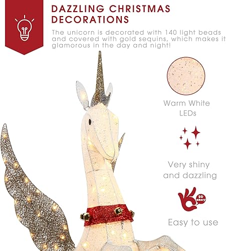 Miniatura 7 de Unicornio de Navidad de 4.7 pies para decoración de patio al aire libre, a prueba de clima, con 140 luces LED blancas cálidas, estacas de suelo,