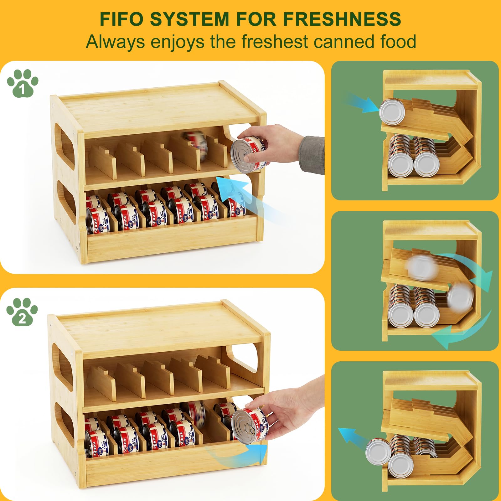 Organizador de latas de comida de bambú para gatos, capacidad para 36 latas (3 onzas), estante de almacenamiento de alimentos húmedos para gatos, dispensador de latas de comida rodante para