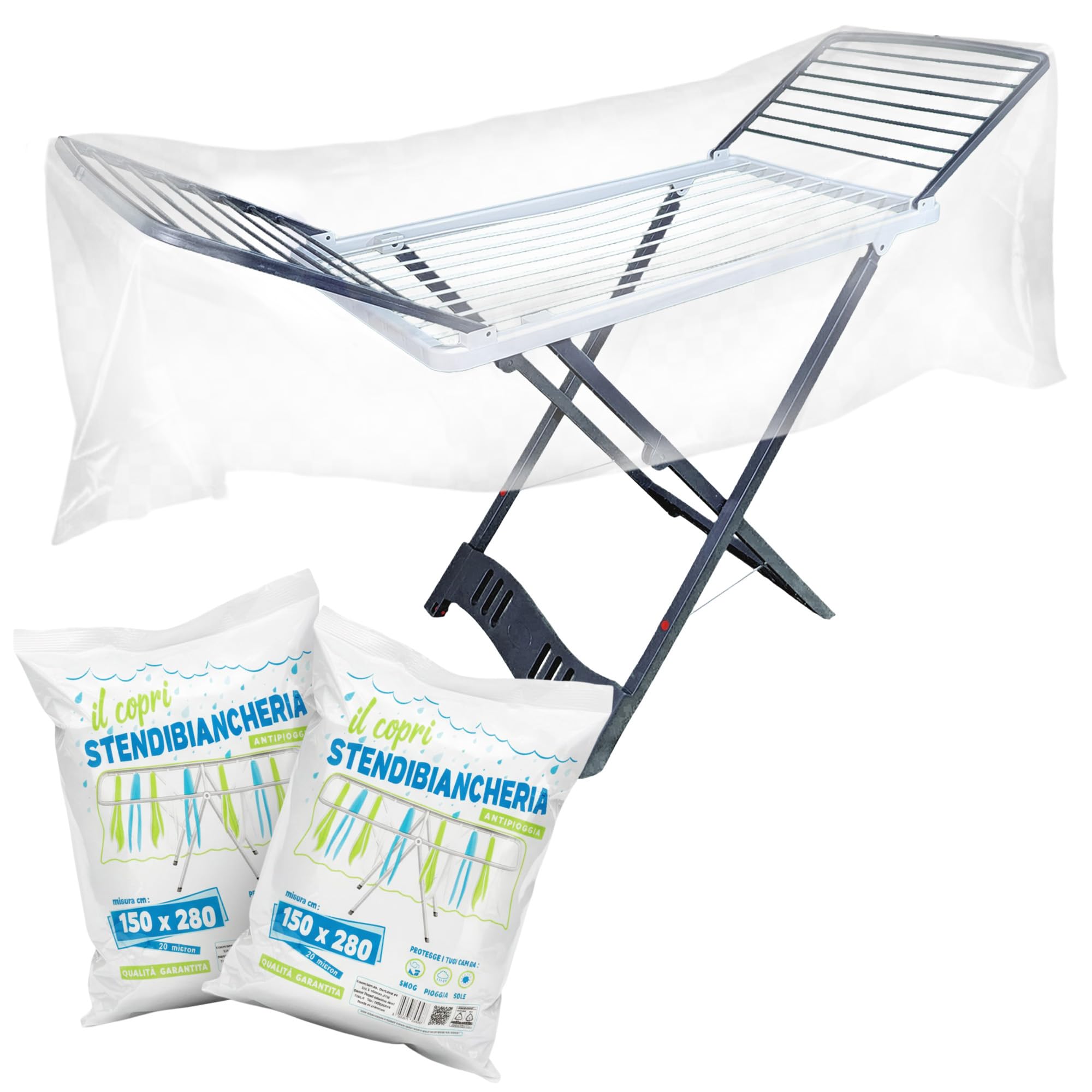 Sicignano Stendino Pieghevole Antiscivolo con Ruote Aladino, 20 metri di Stenditura, 100% Resina, con Gancio Sicurezza, Made in Italy (Stendino + 2 Copristendino)