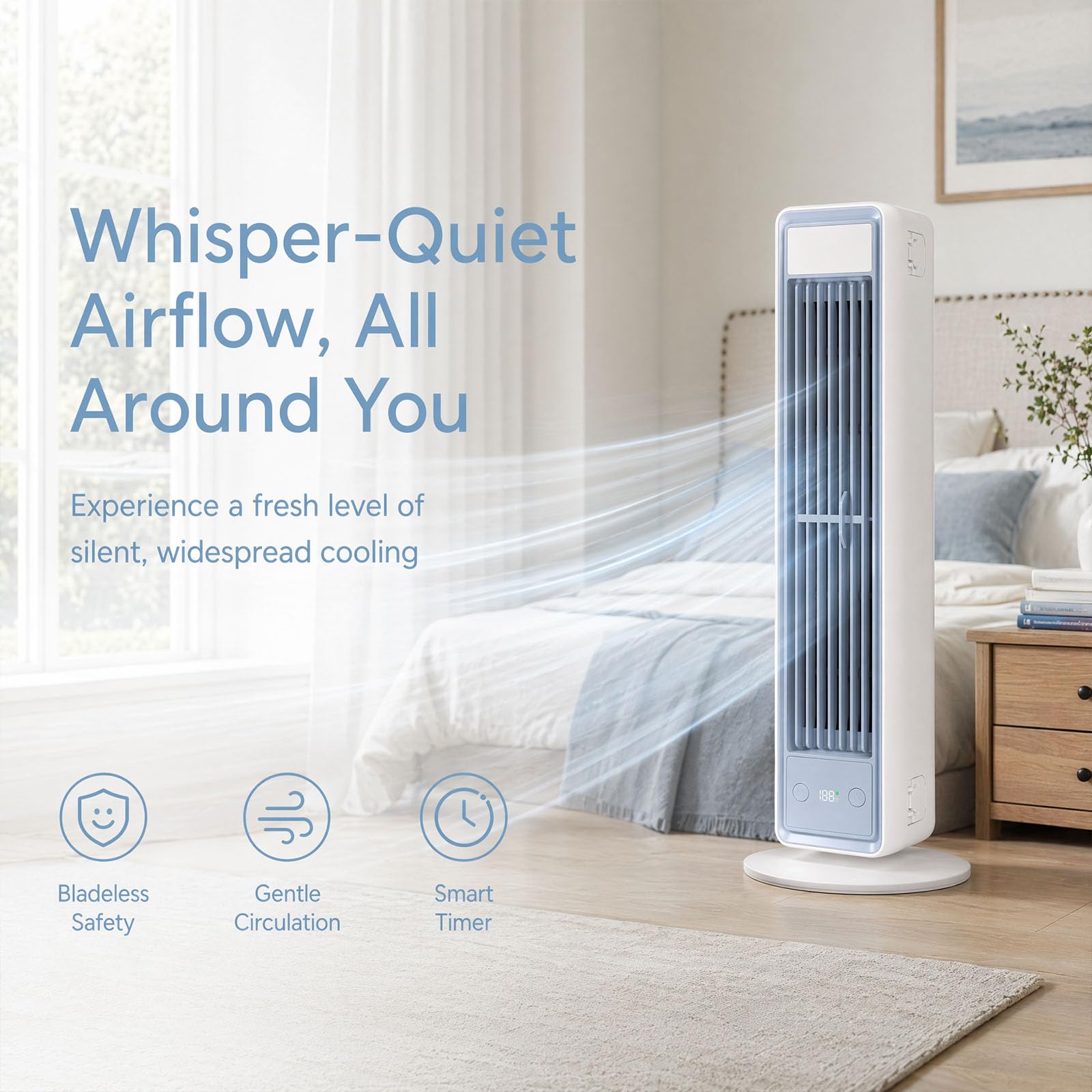 Tragbare Klimaanlage, Mobiler Luftkühler leise mit 3 Geschwindigkeiten, Energieeffizienter Ventilator ohne Flügel, Mini Air Conditioner für Schlafzimmer, Büro und Zuhause, Weiß